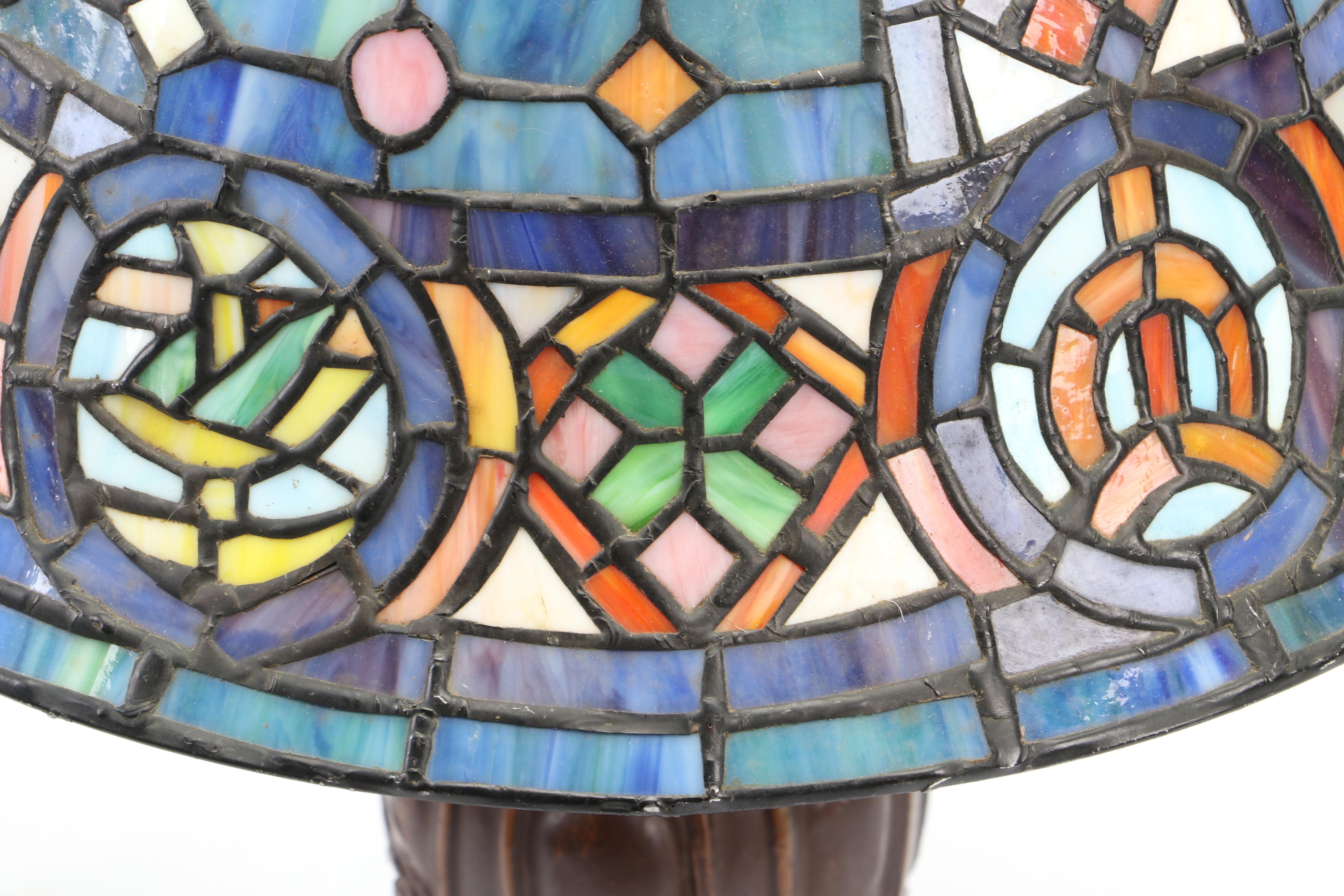 Slag Glass Table Lamp with Patinated Metal Body