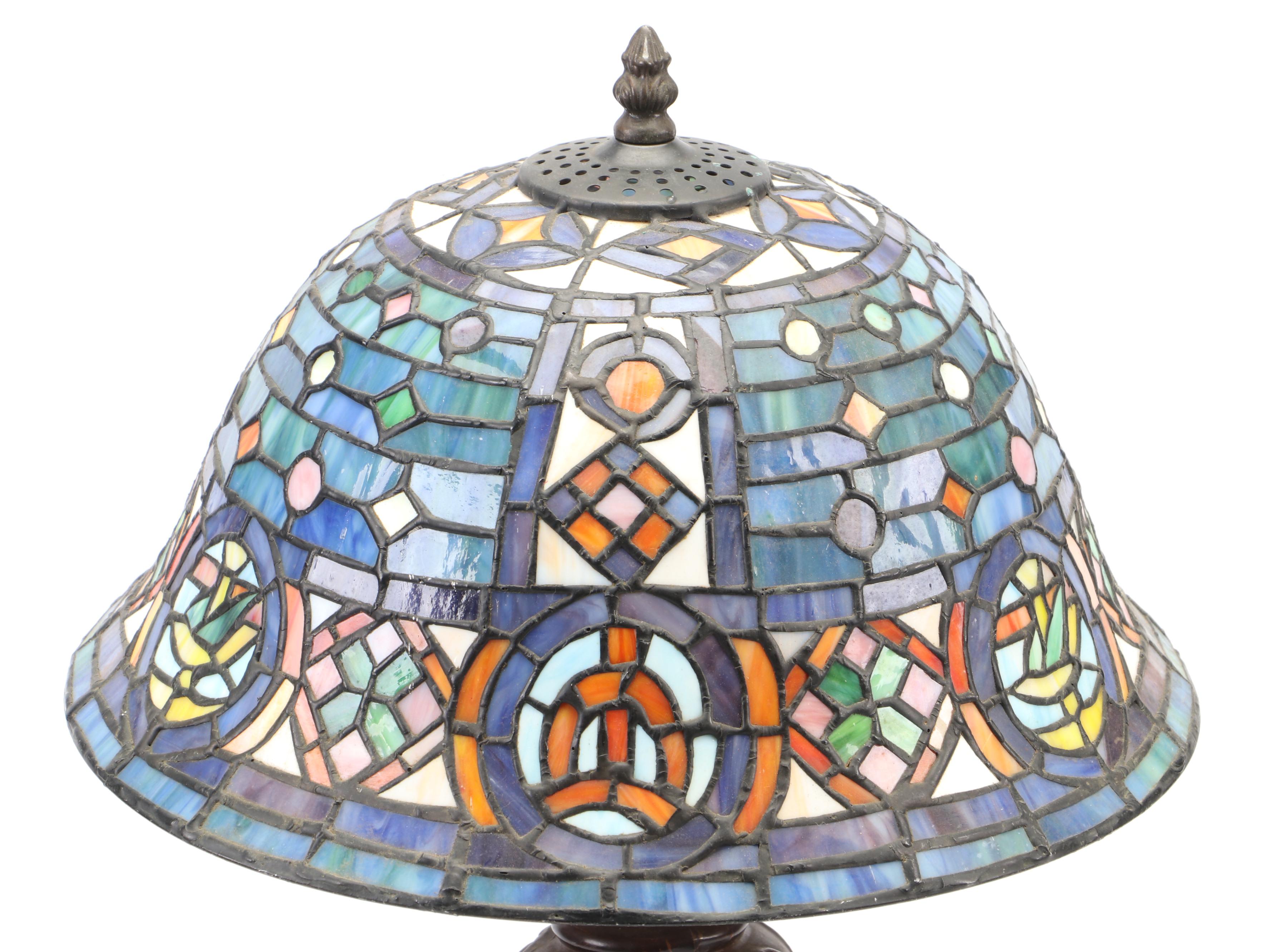 Slag Glass Table Lamp with Patinated Metal Body