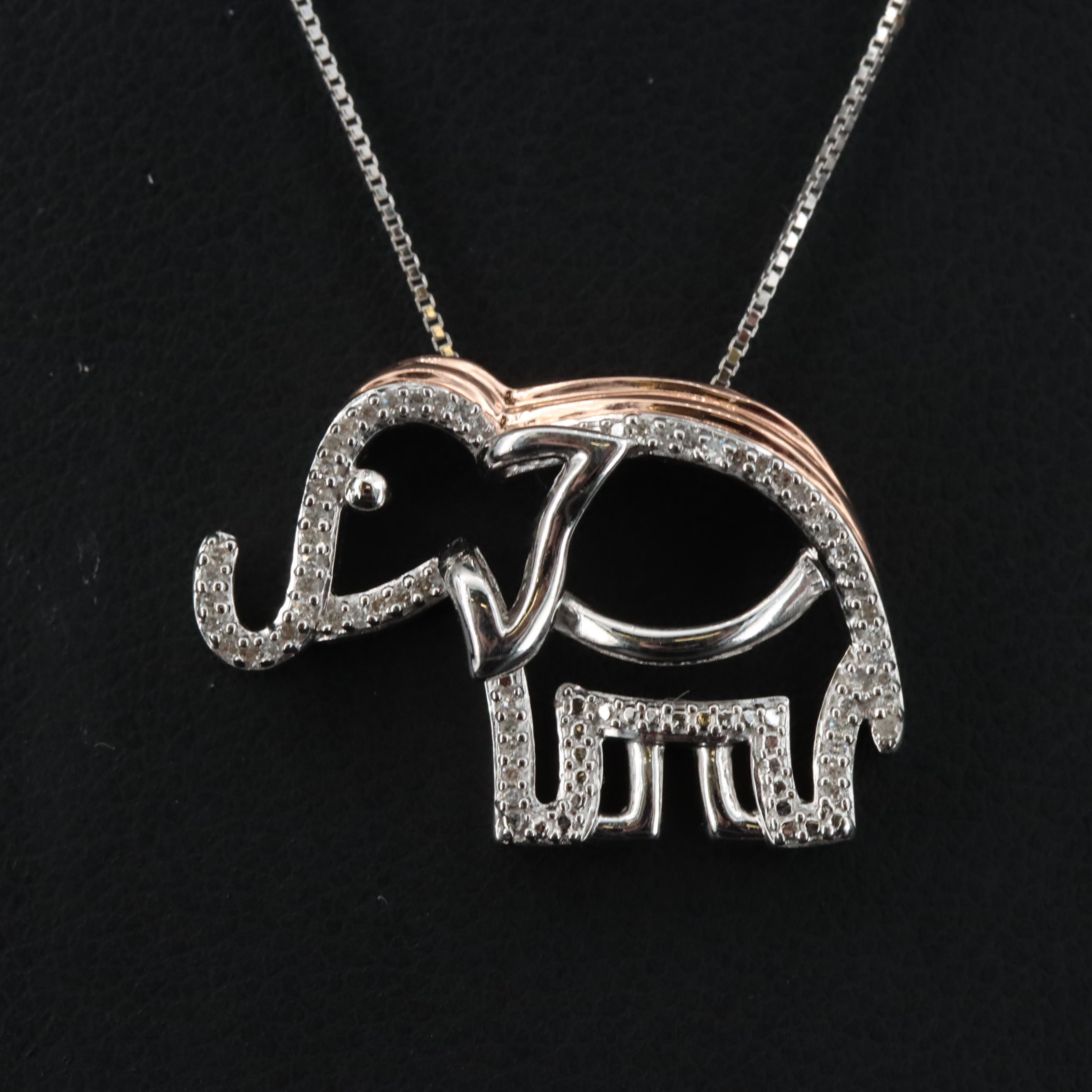 Sterling Diamond Elephant Pendant on 10K Chain