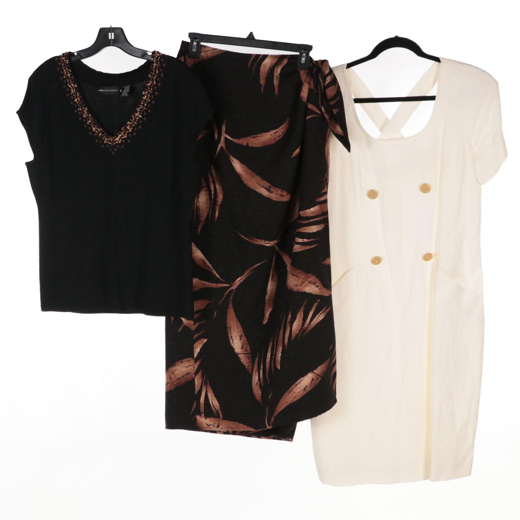 Dana Buchman Beaded Short Sleeve Top, White Linen Dress and Patterned Skirt