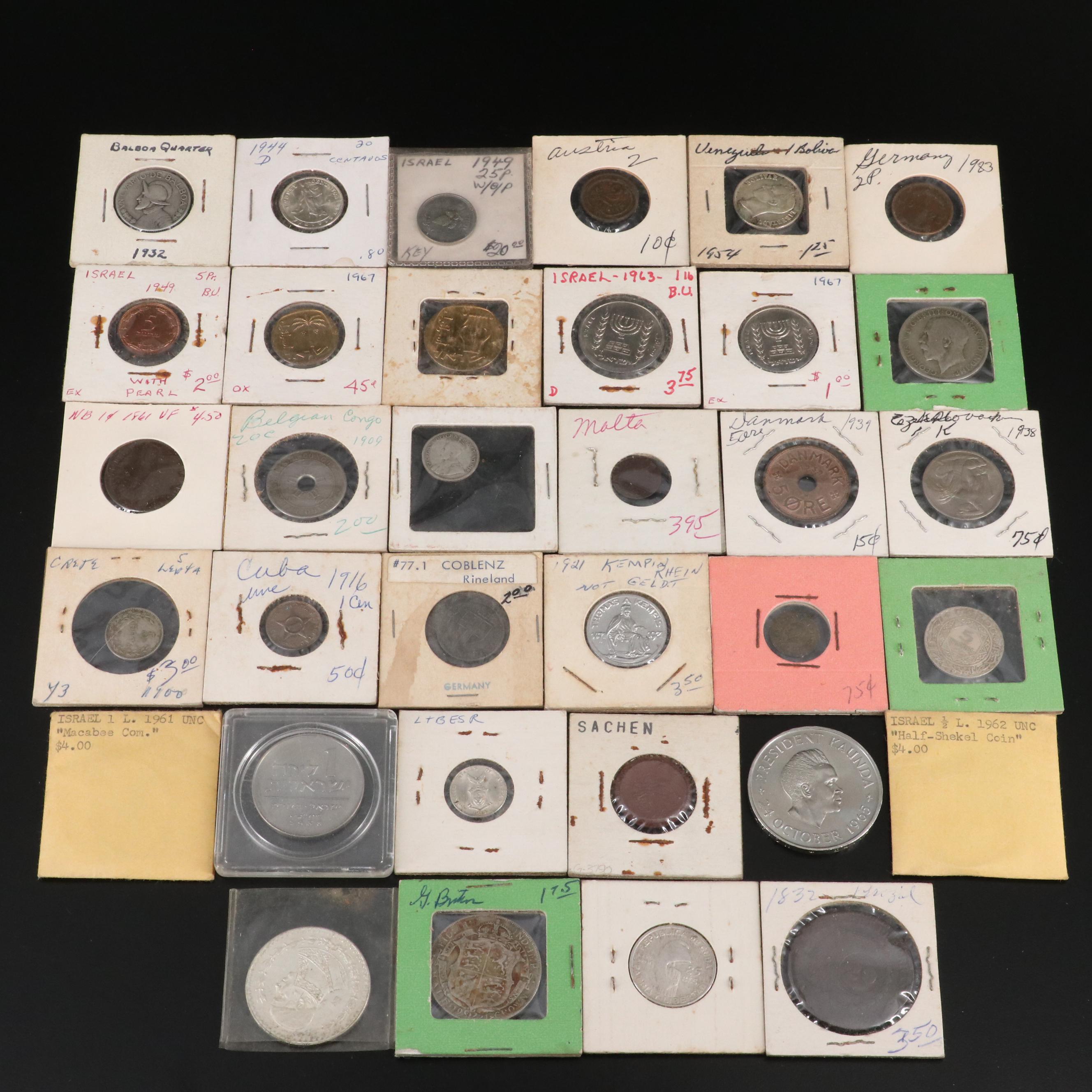 Group of Thirty-Four World Copper and Silver Coins in 2x2 Holders