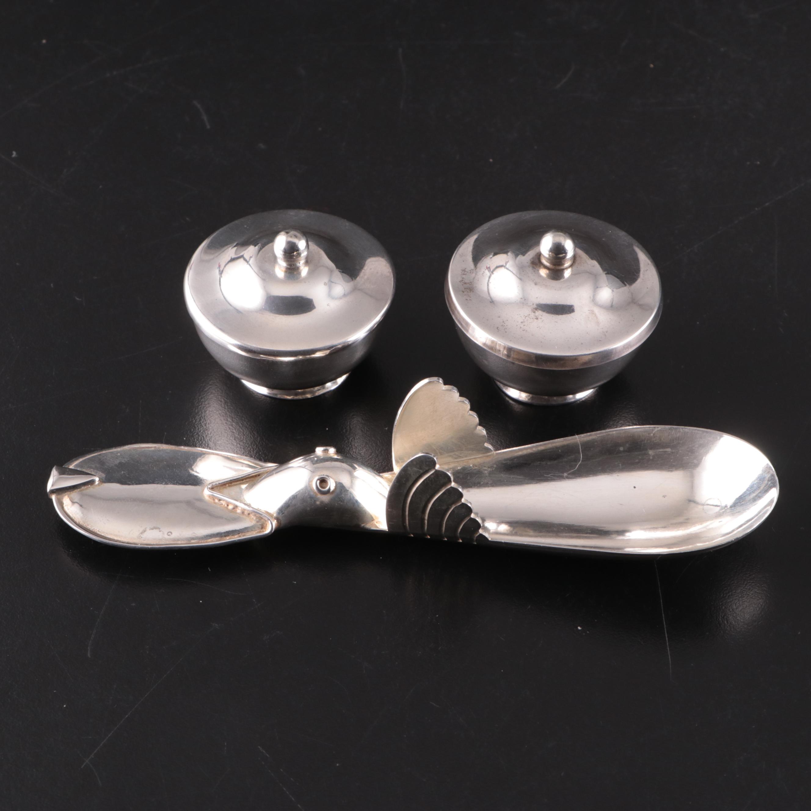 Harry H. Hudson Sterling Aztec Duck Spoon with Sterling Salt Cellars and Tongs