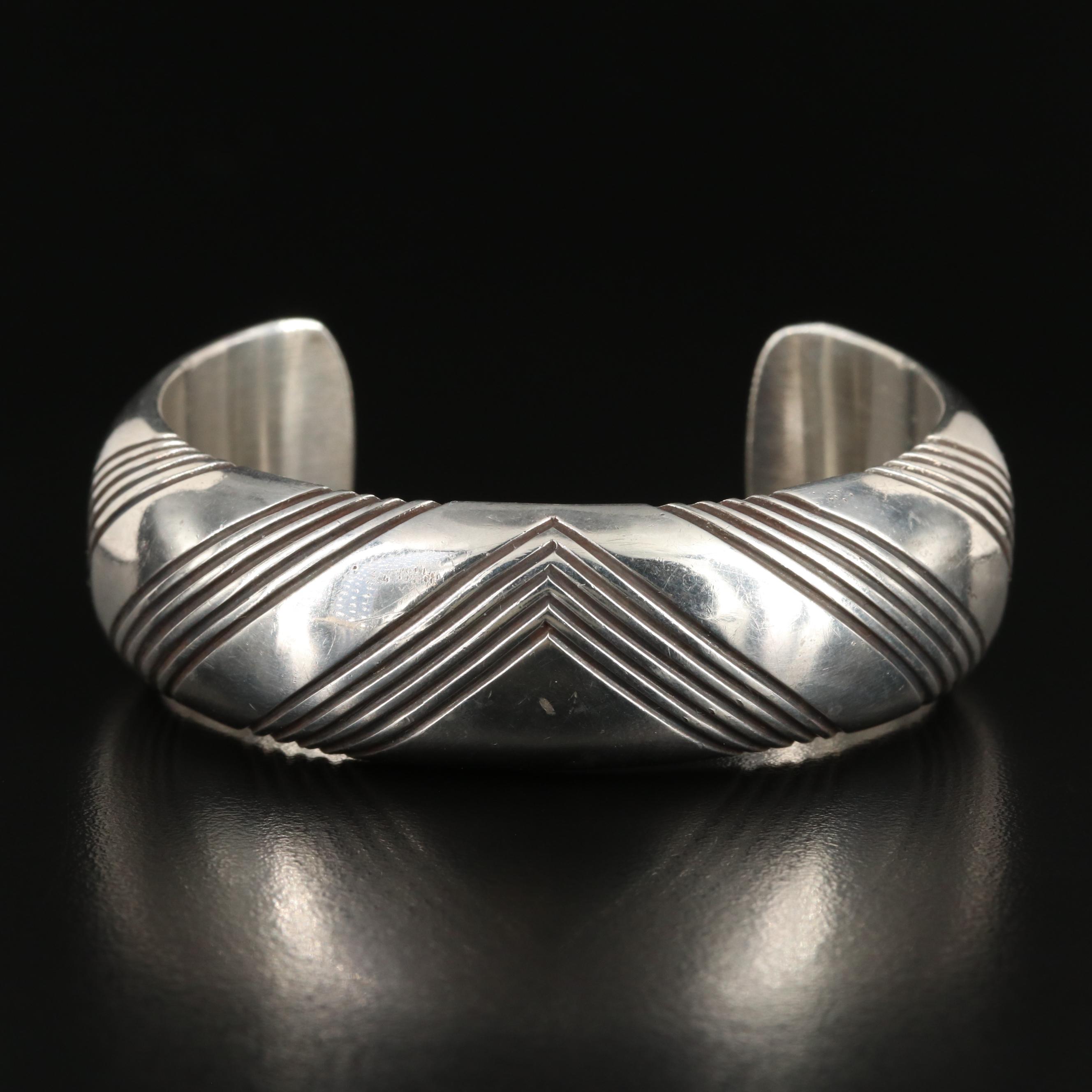 Albert Bighand Navajo Diné Sterling Chevron Patterned Cuff