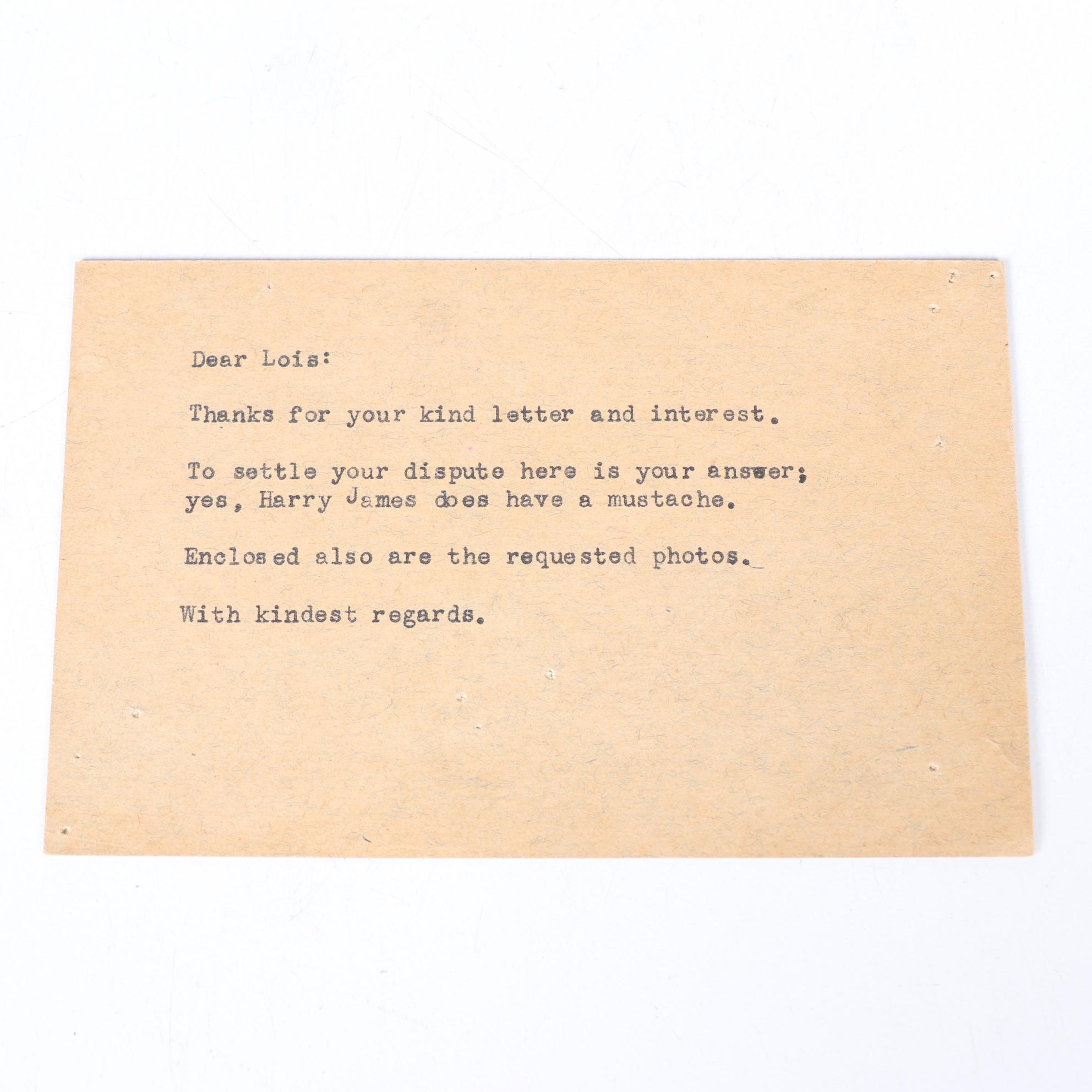 Harry James Orchestra Correspondence and Photos Postmarked Beverly Hills, 1946