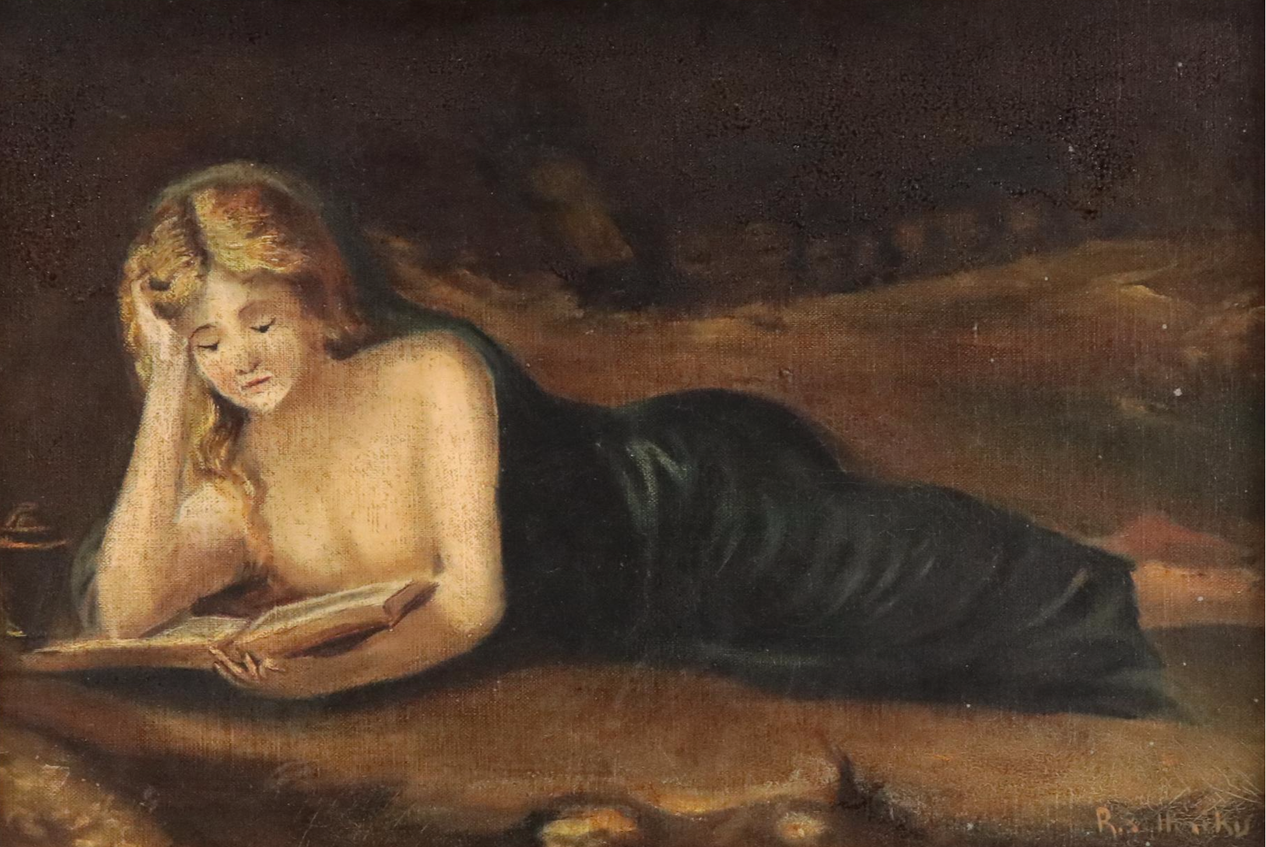 Figural Oil Painting of of Reclining Lady Reading, Early 20th Century