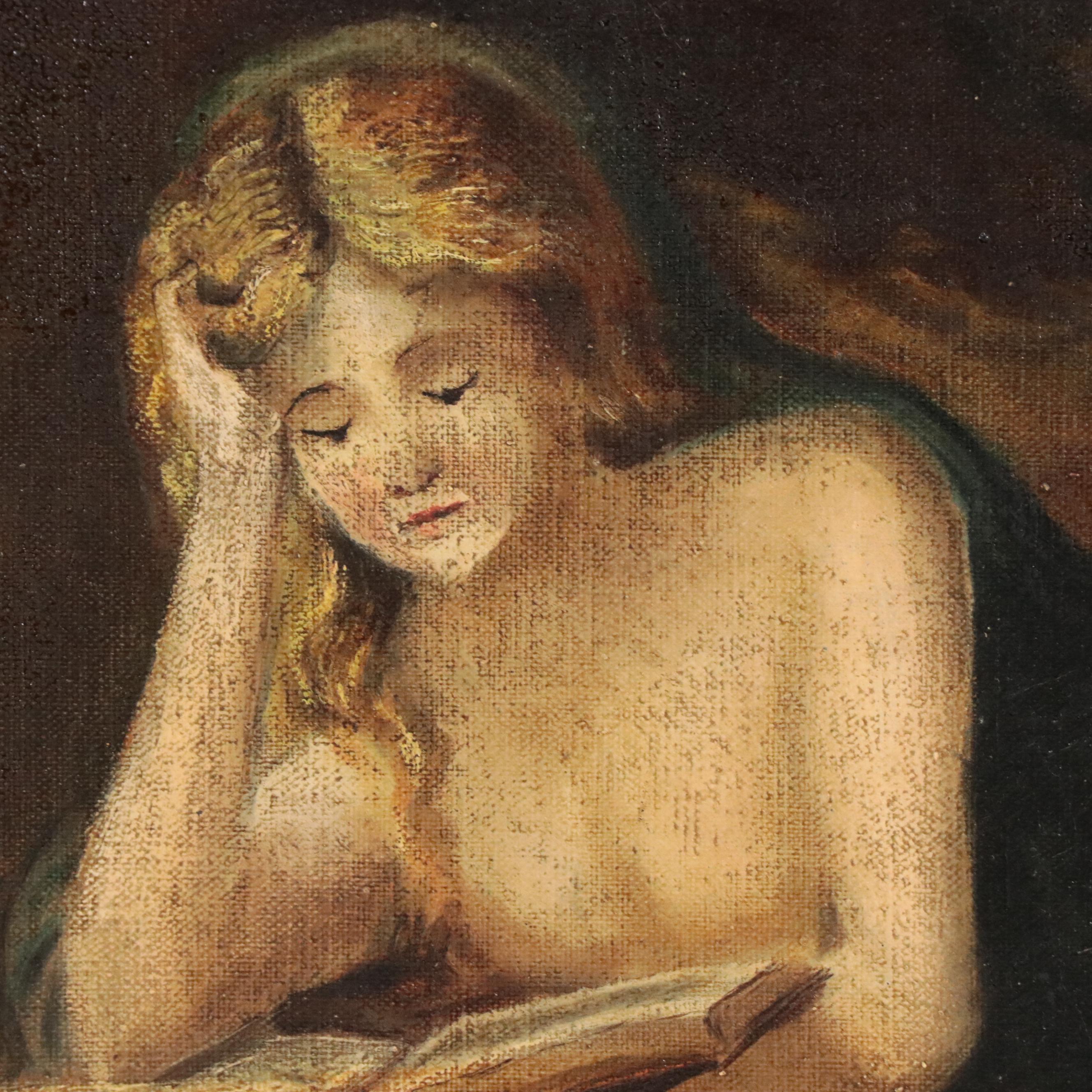Figural Oil Painting of of Reclining Lady Reading, Early 20th Century