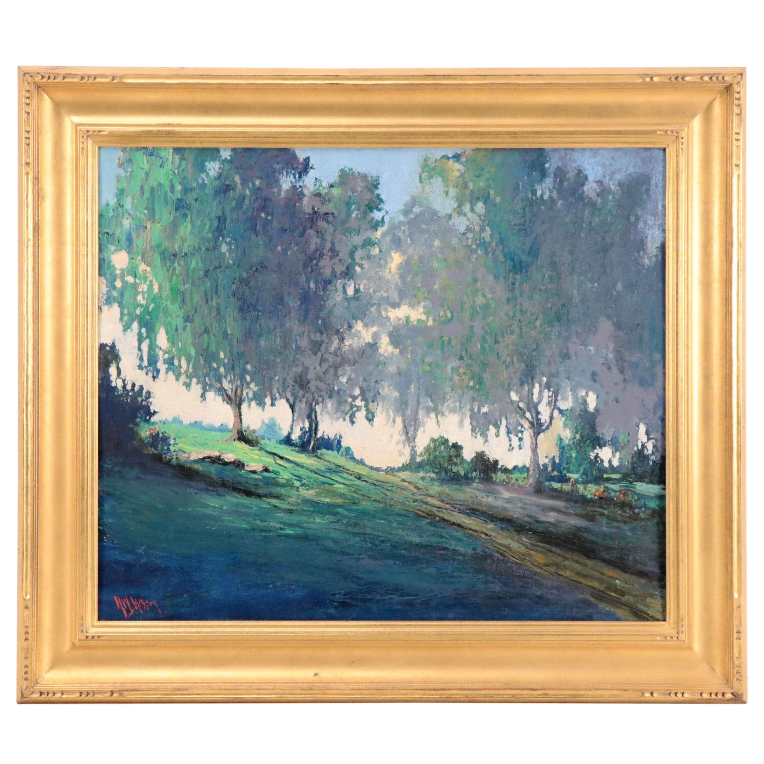Herbert W. Jackson Landscape Oil Painting of Weeping Willows, Circa 1970