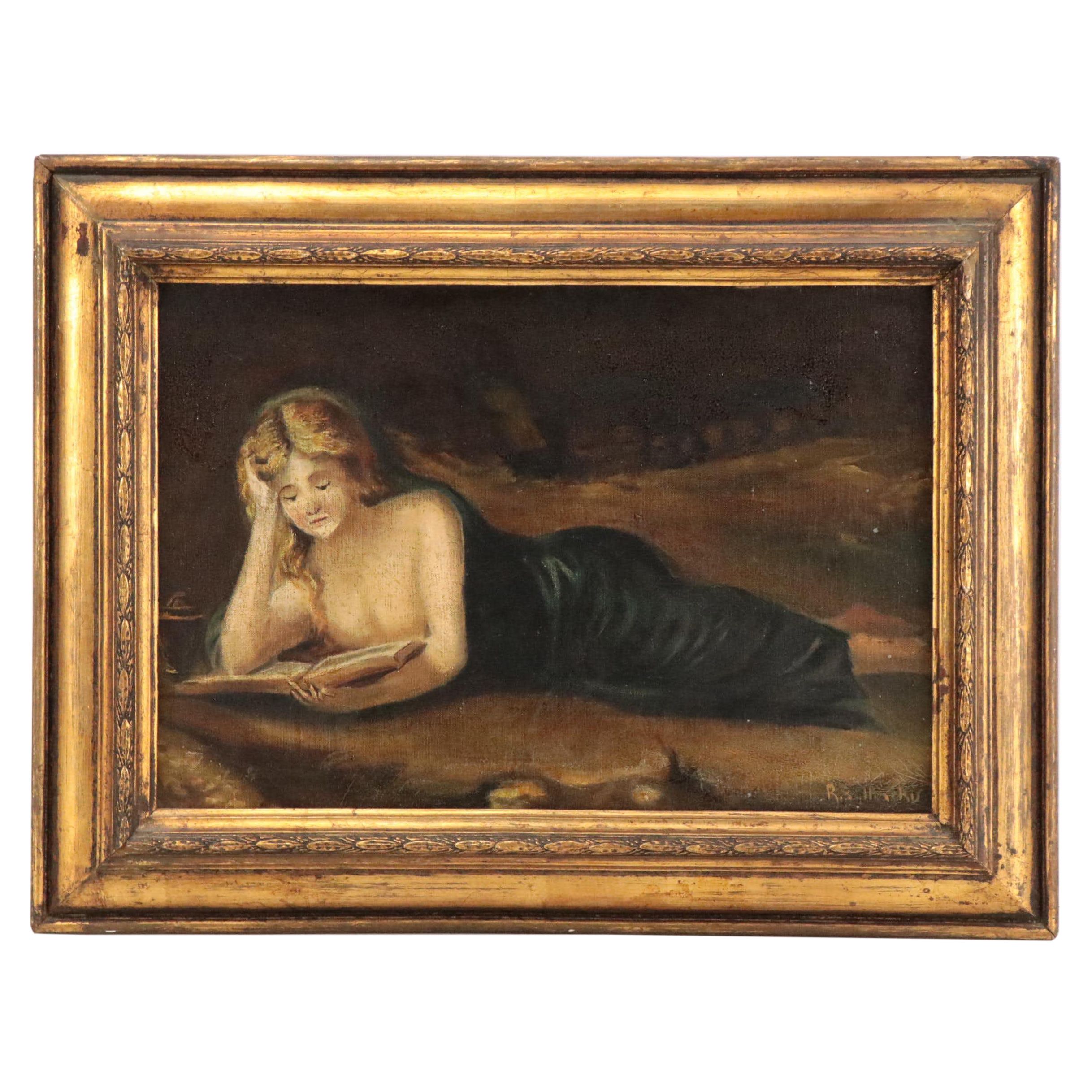 Figural Oil Painting of of Reclining Lady Reading, Early 20th Century
