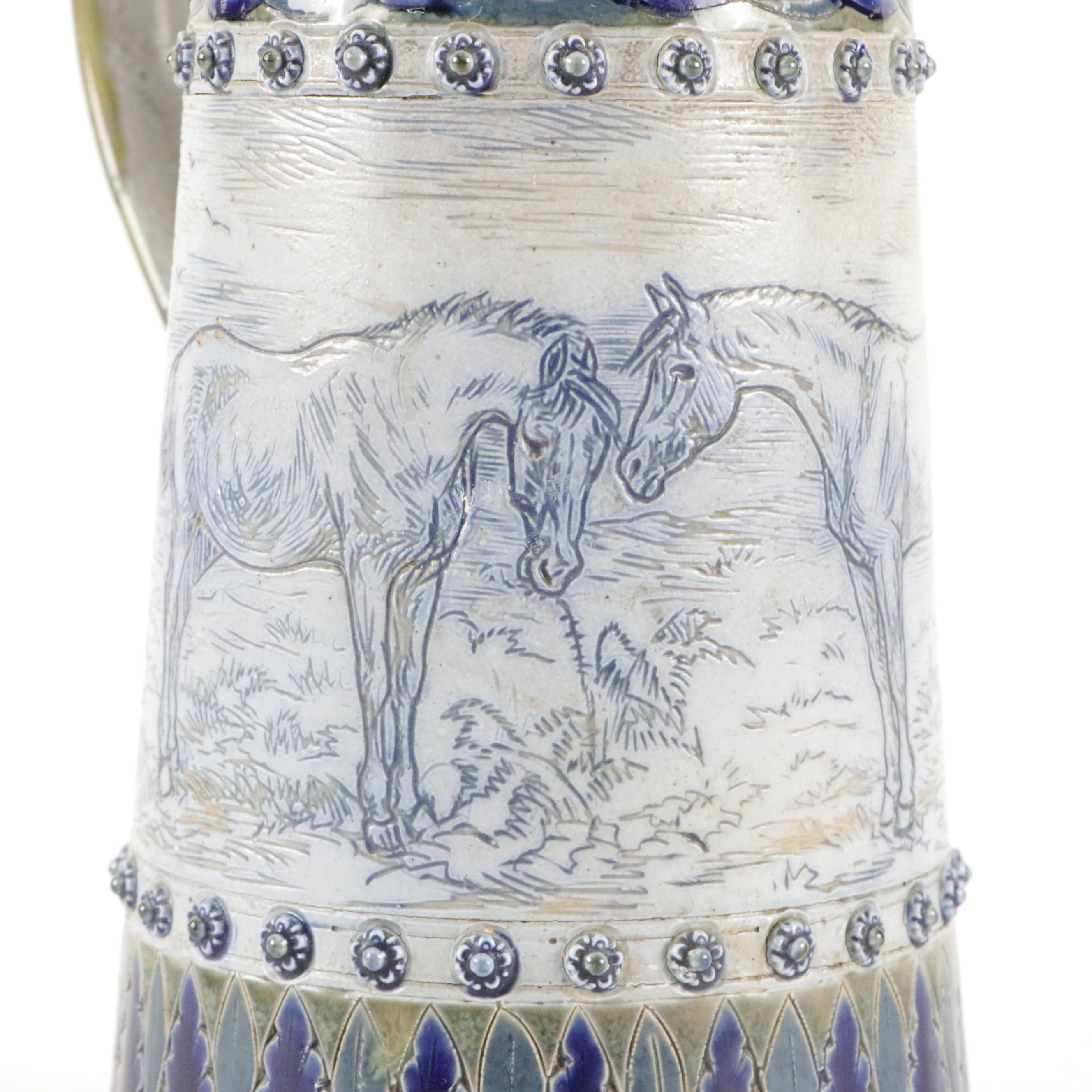 Richards & Brown and Royal Doulton Sterling Silver and Stoneware Pitcher, 1877