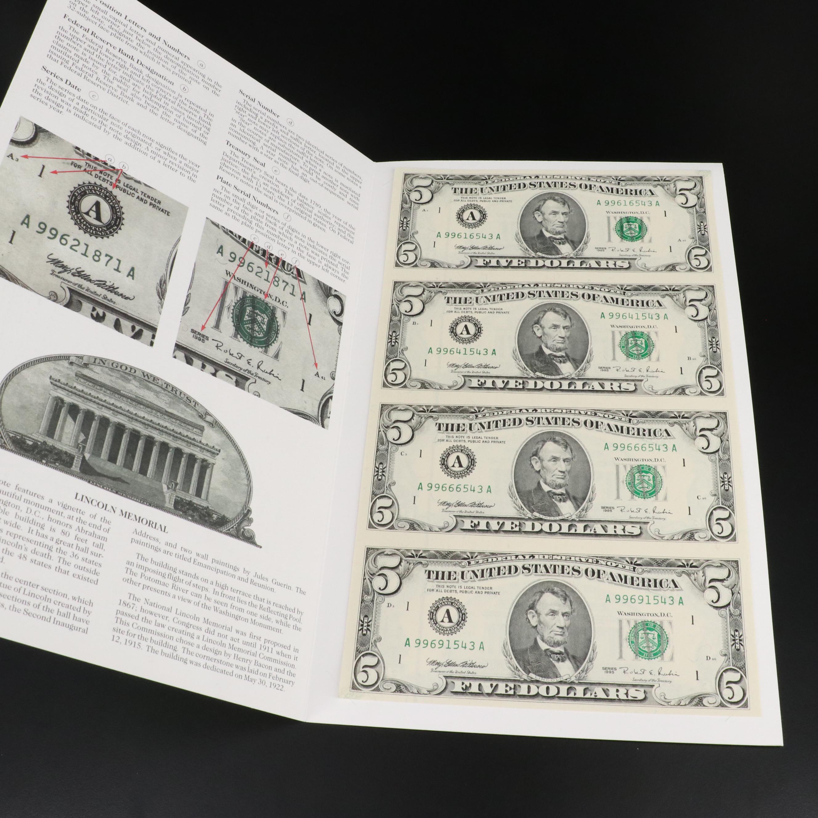 Uncut Sheet of Four $5 Federal Reserve Notes