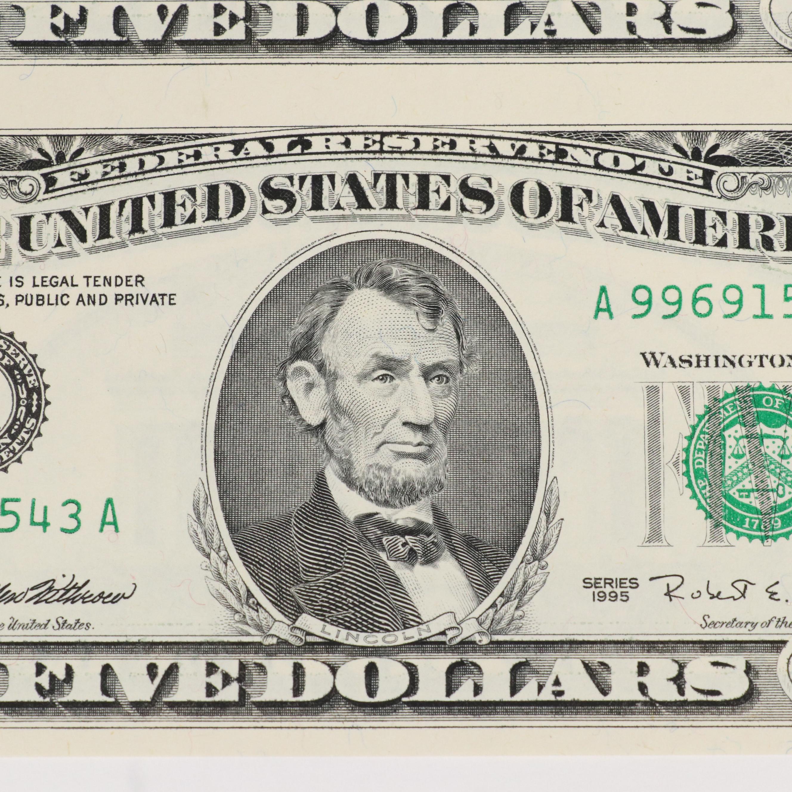 Uncut Sheet of Four $5 Federal Reserve Notes