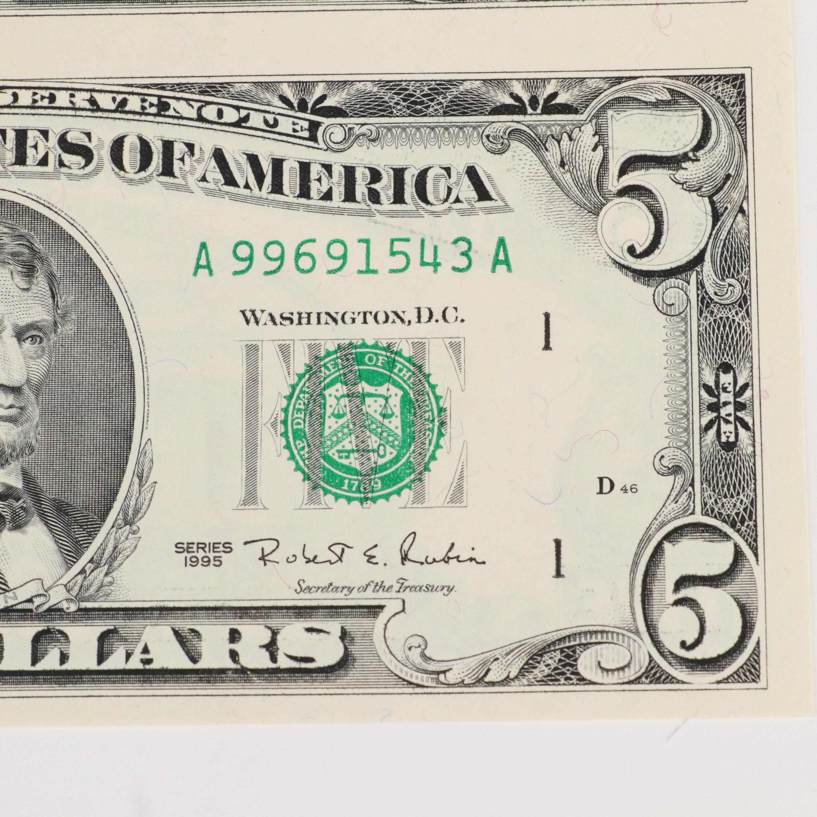 Uncut Sheet of Four $5 Federal Reserve Notes