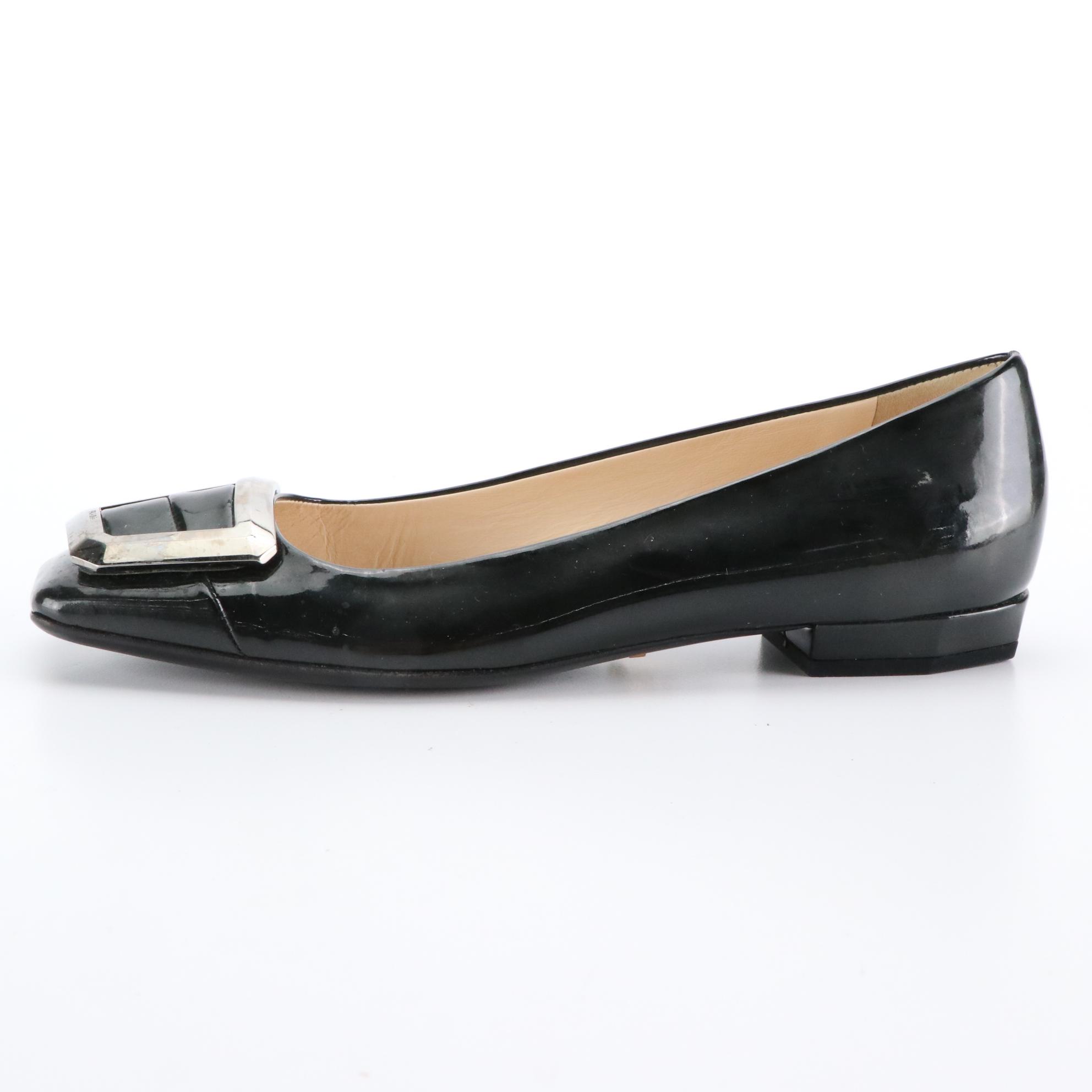 Prada Black Patent Leather Square-Toe Ballet Flats With Trapezoid Buckle