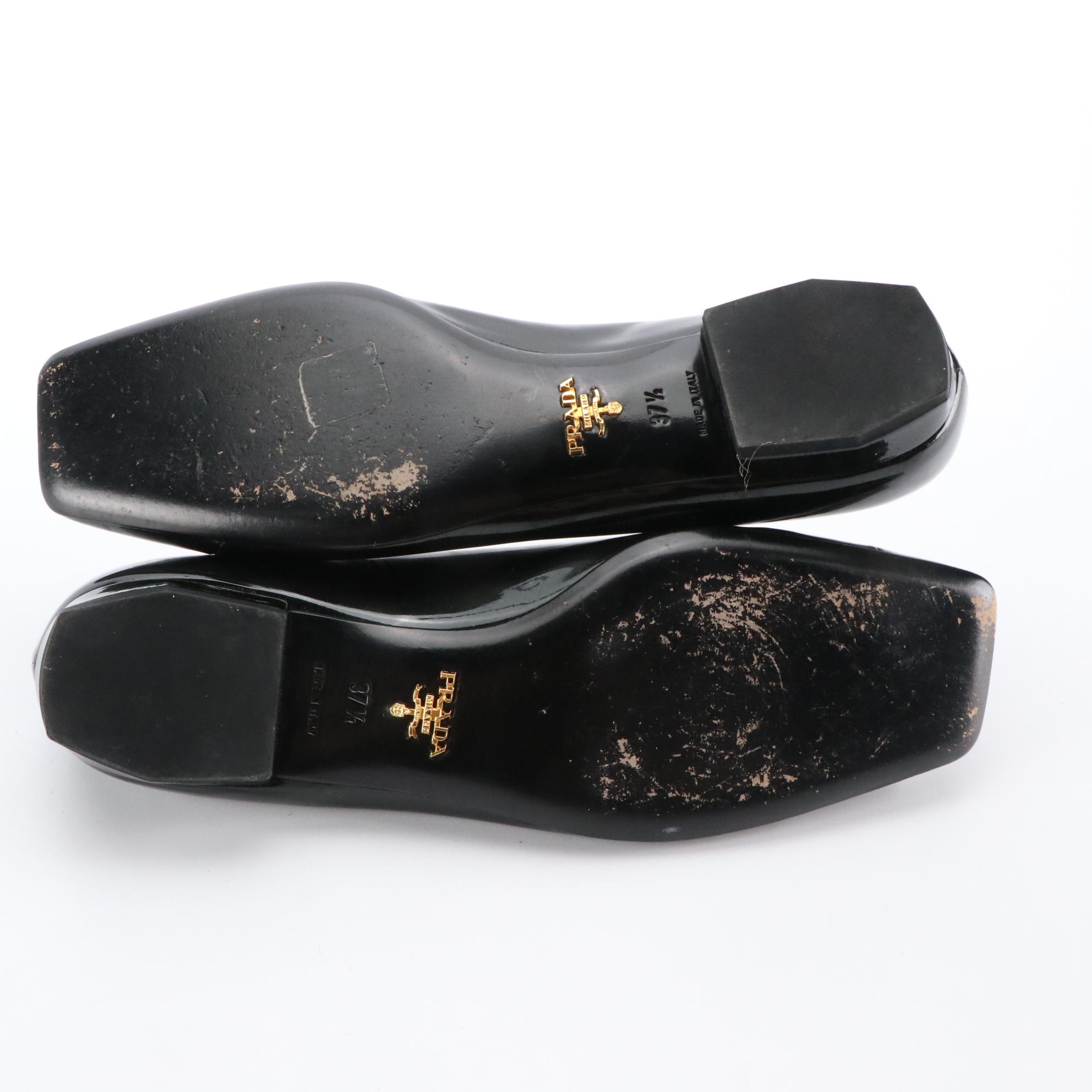 Prada Black Patent Leather Square-Toe Ballet Flats With Trapezoid Buckle