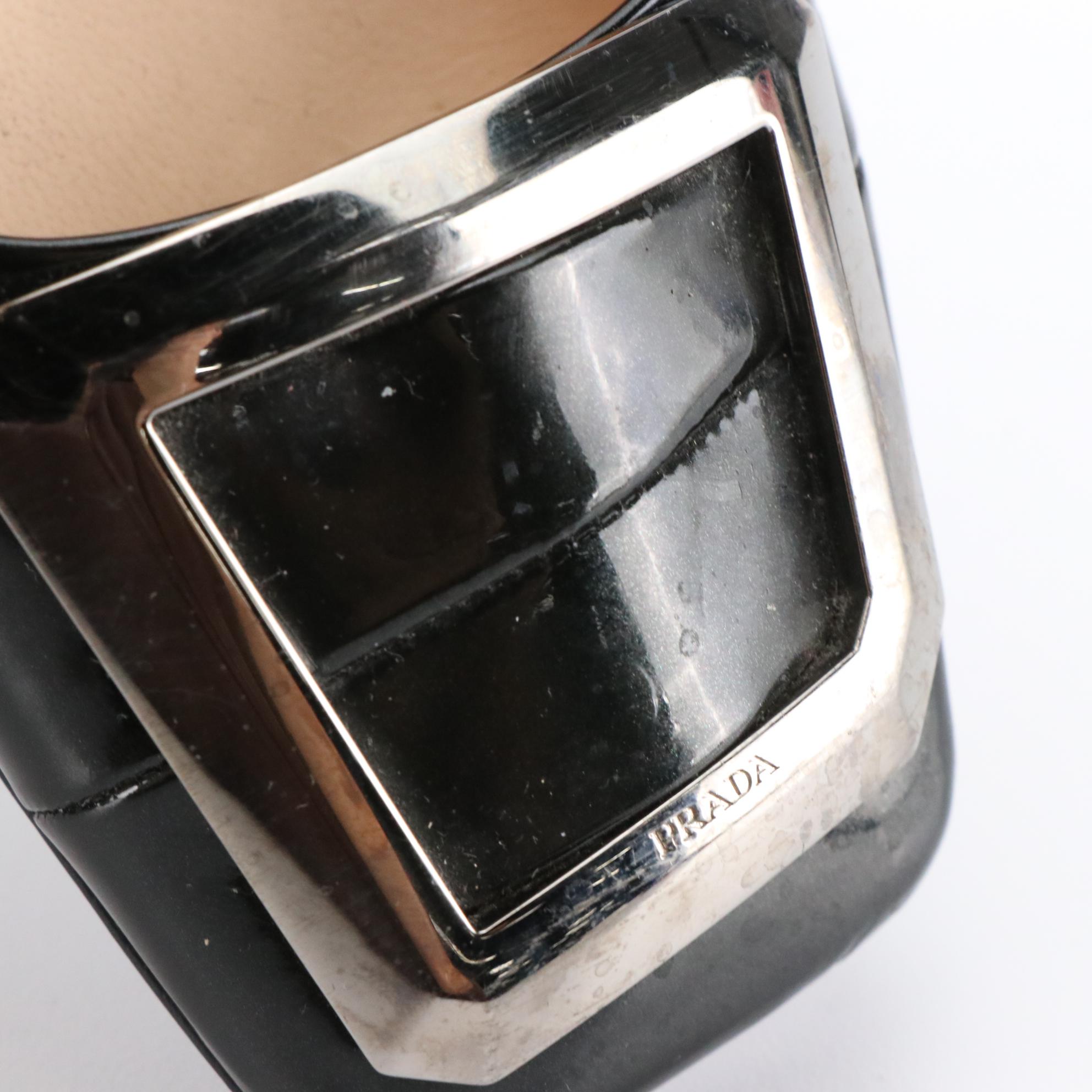 Prada Black Patent Leather Square-Toe Ballet Flats With Trapezoid Buckle