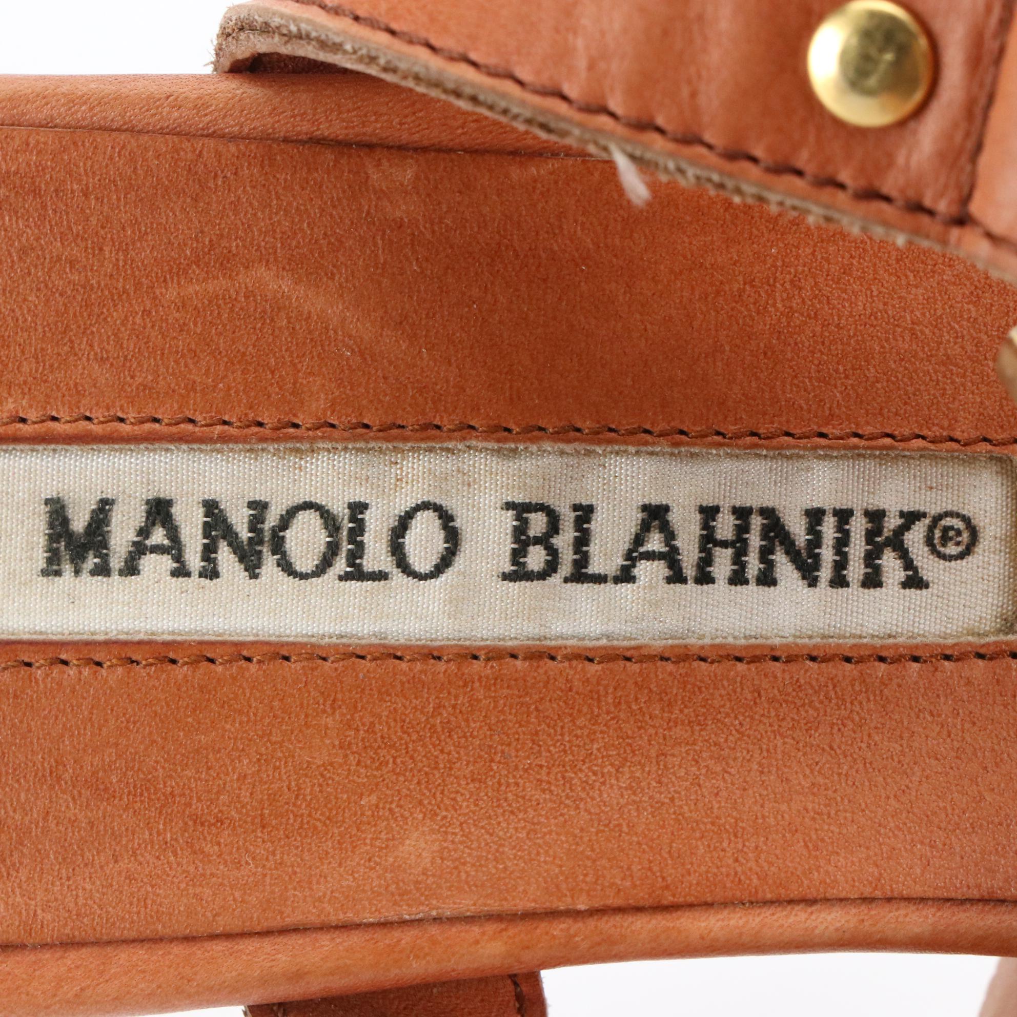 Manolo Blahnik Studded Strappy High-Heel Thong Sandals in Brown Leather