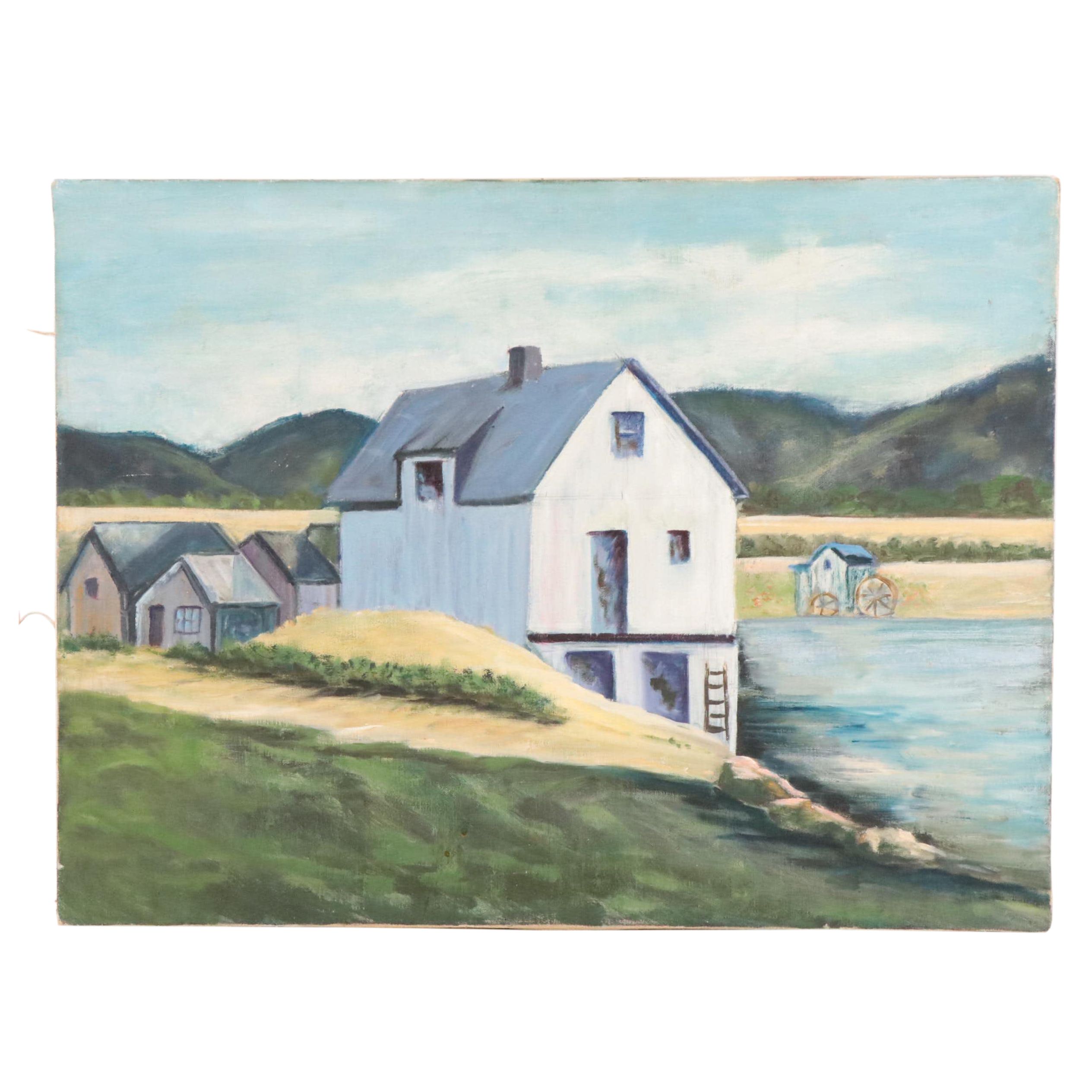 Oil Painting of a Pastoral Landscape with Barn, 20th Century