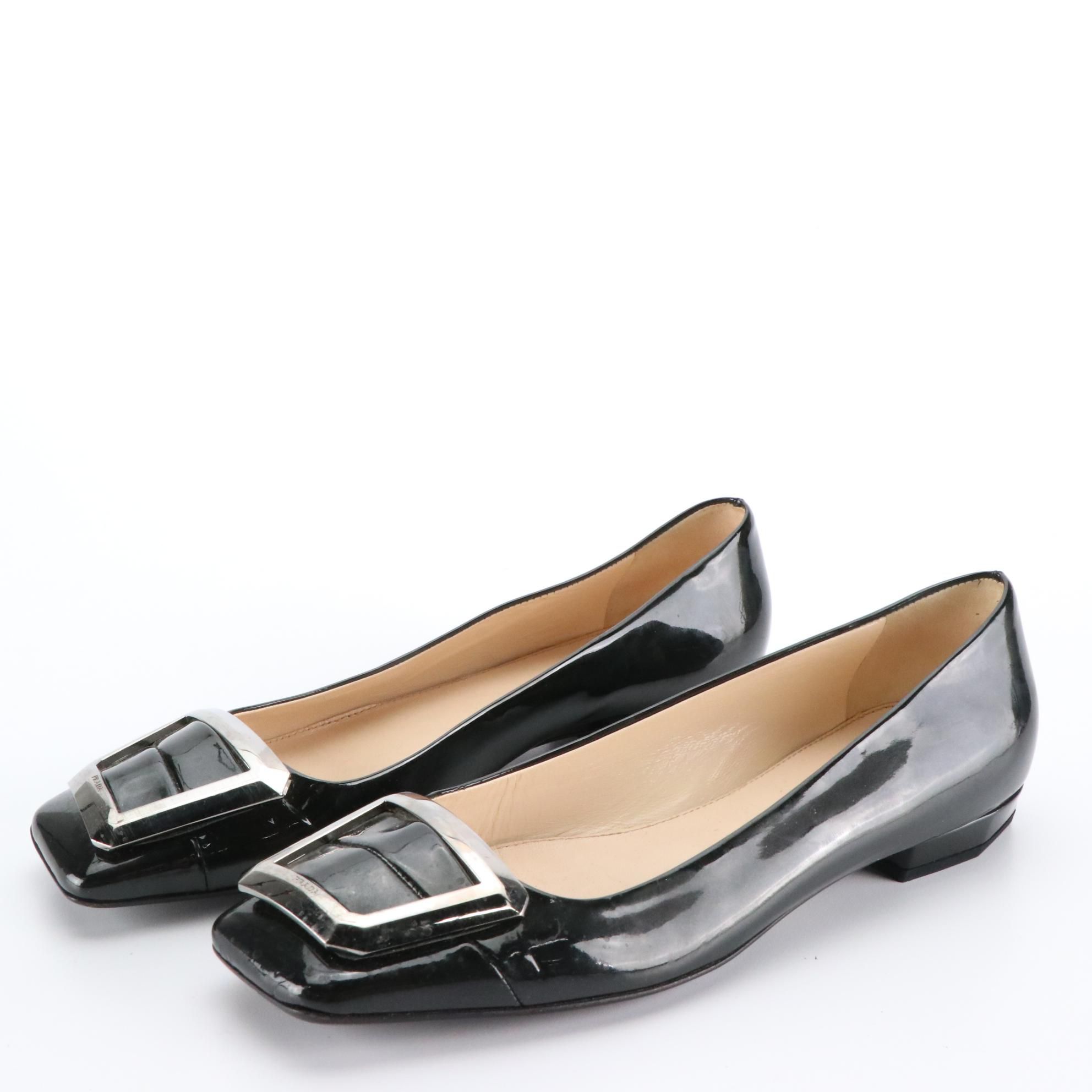 Prada Black Patent Leather Square-Toe Ballet Flats With Trapezoid Buckle