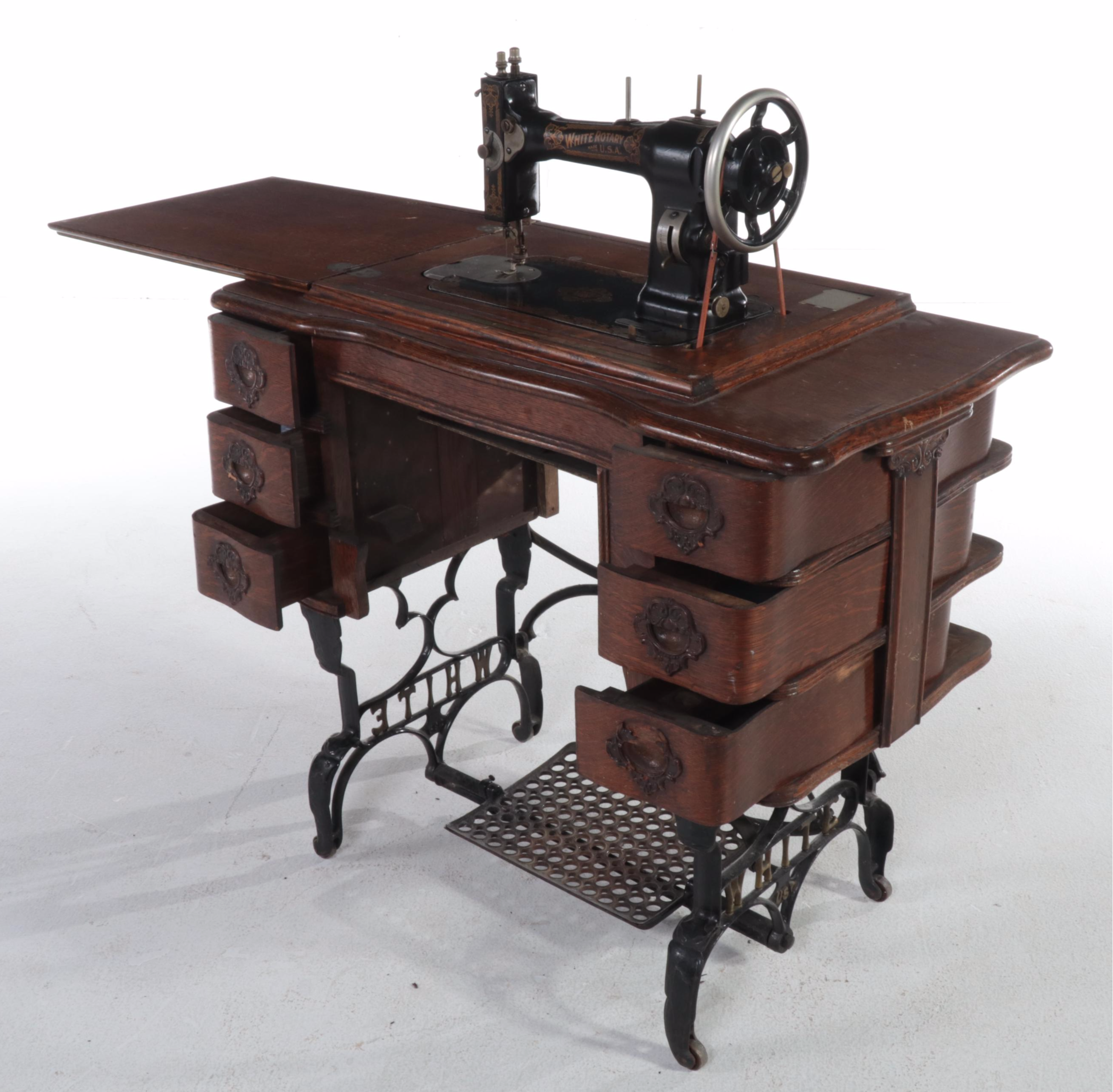 Late Victorian White Rotary Treadle Sewing Machine with Oak and Iron Cabinet