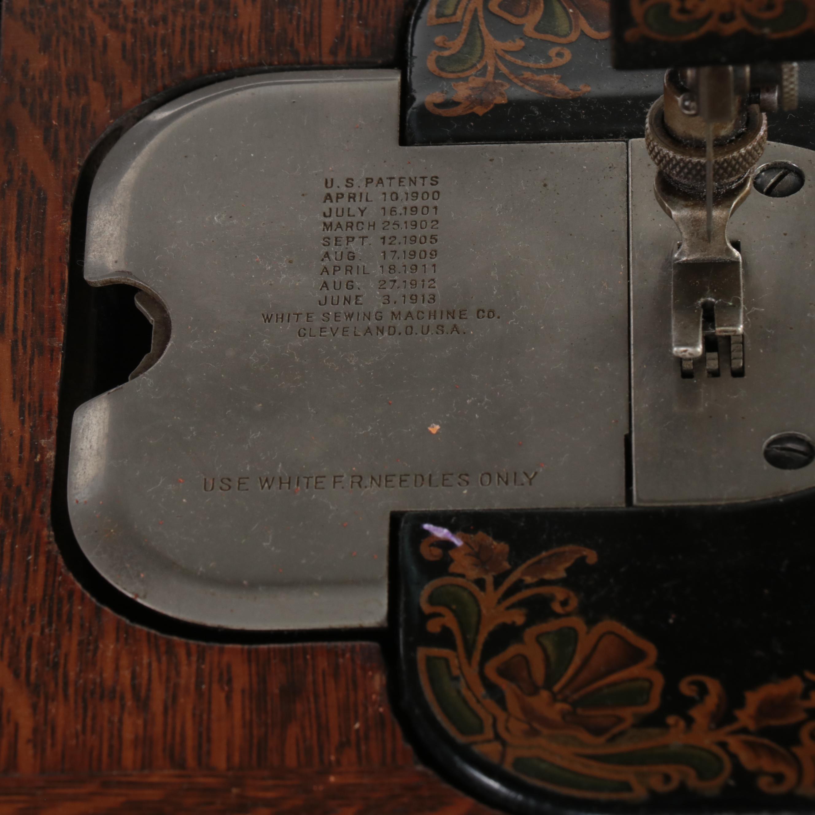 Late Victorian White Rotary Treadle Sewing Machine with Oak and Iron Cabinet