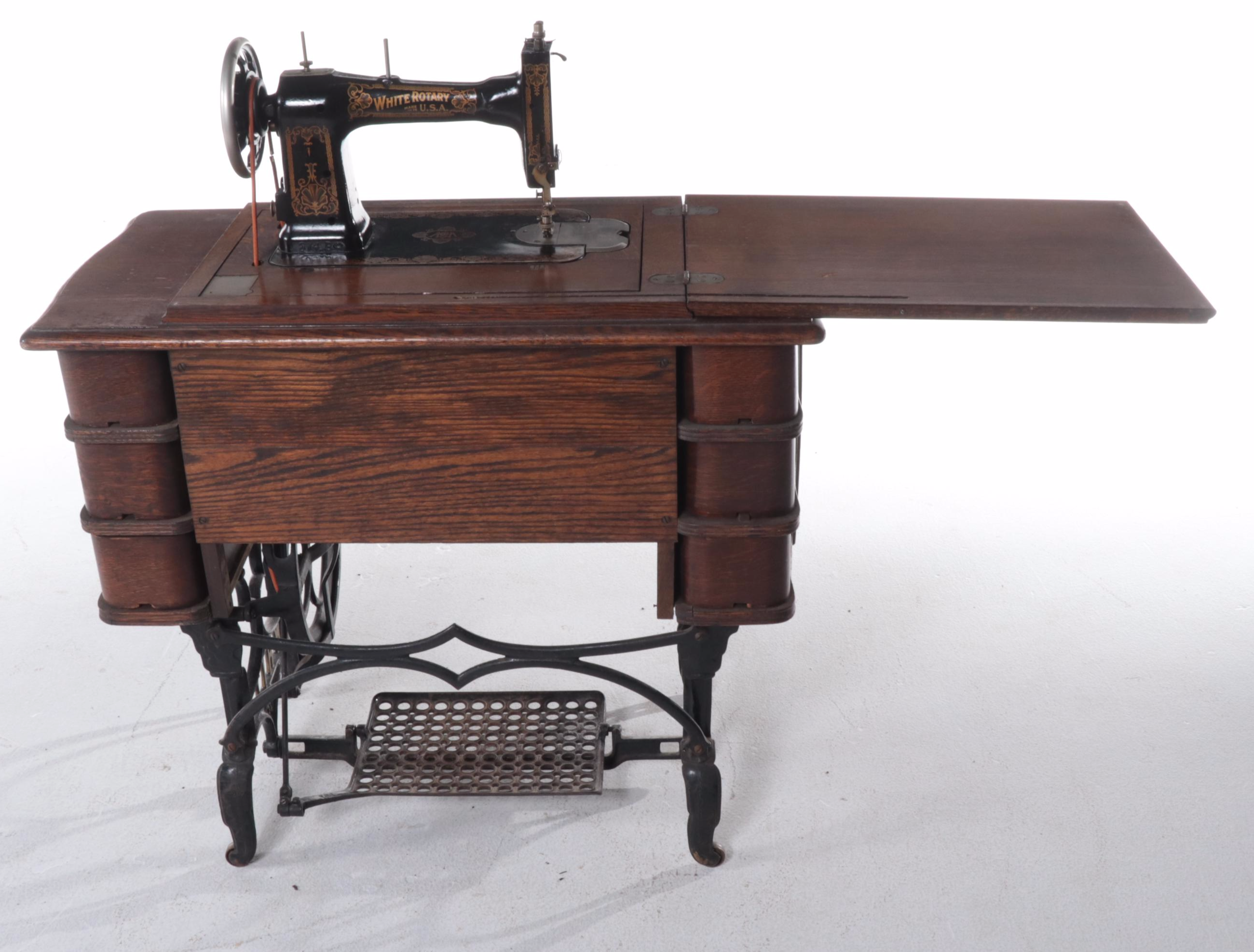 Late Victorian White Rotary Treadle Sewing Machine with Oak and Iron Cabinet