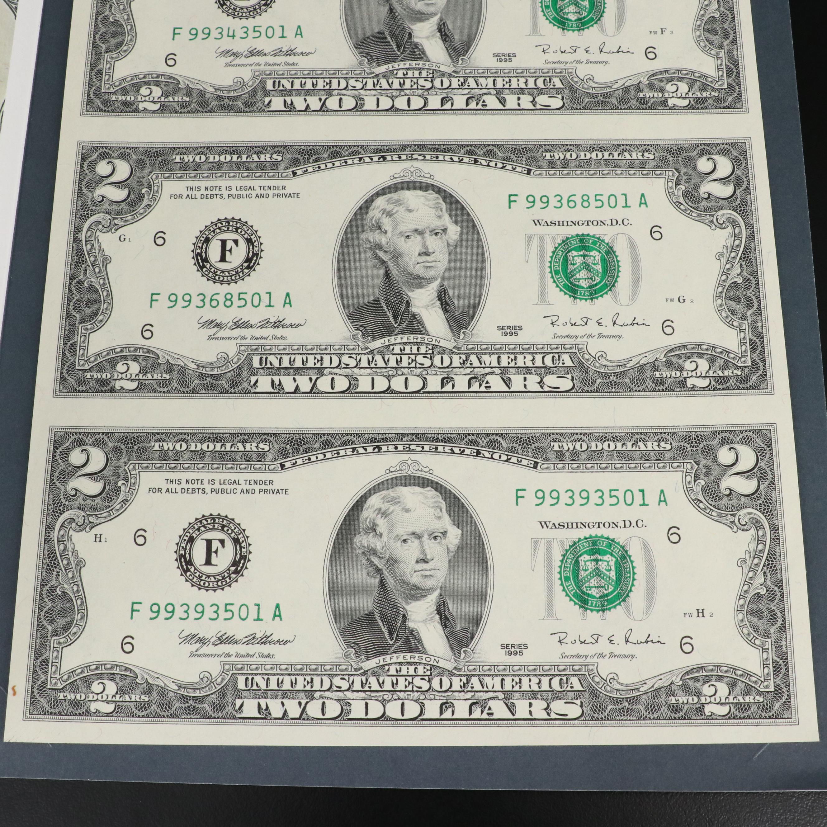 Five Sets of Uncut $2 Federal Reserve Notes