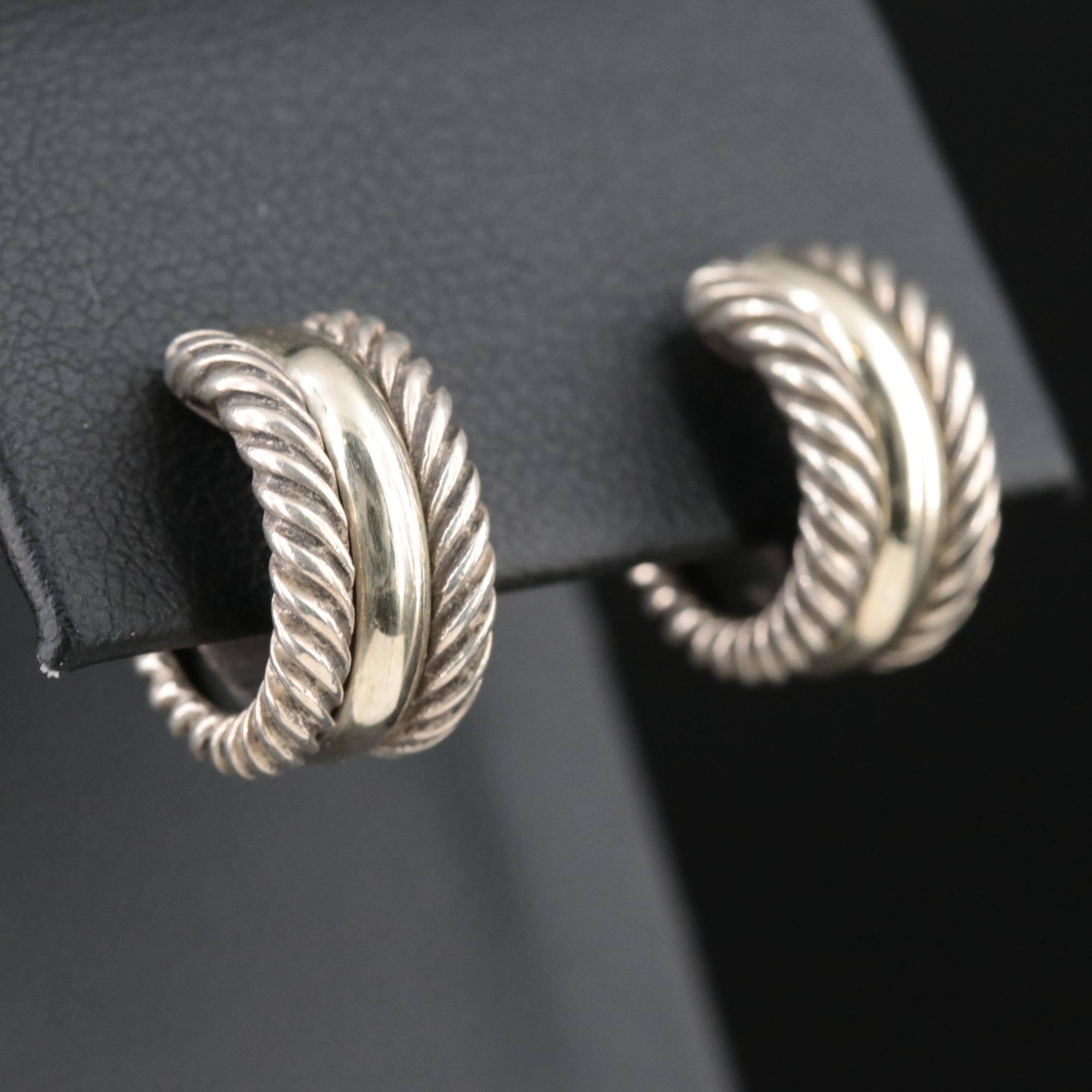 David Yurman Sterling and 14K Huggie Hoop Earrings