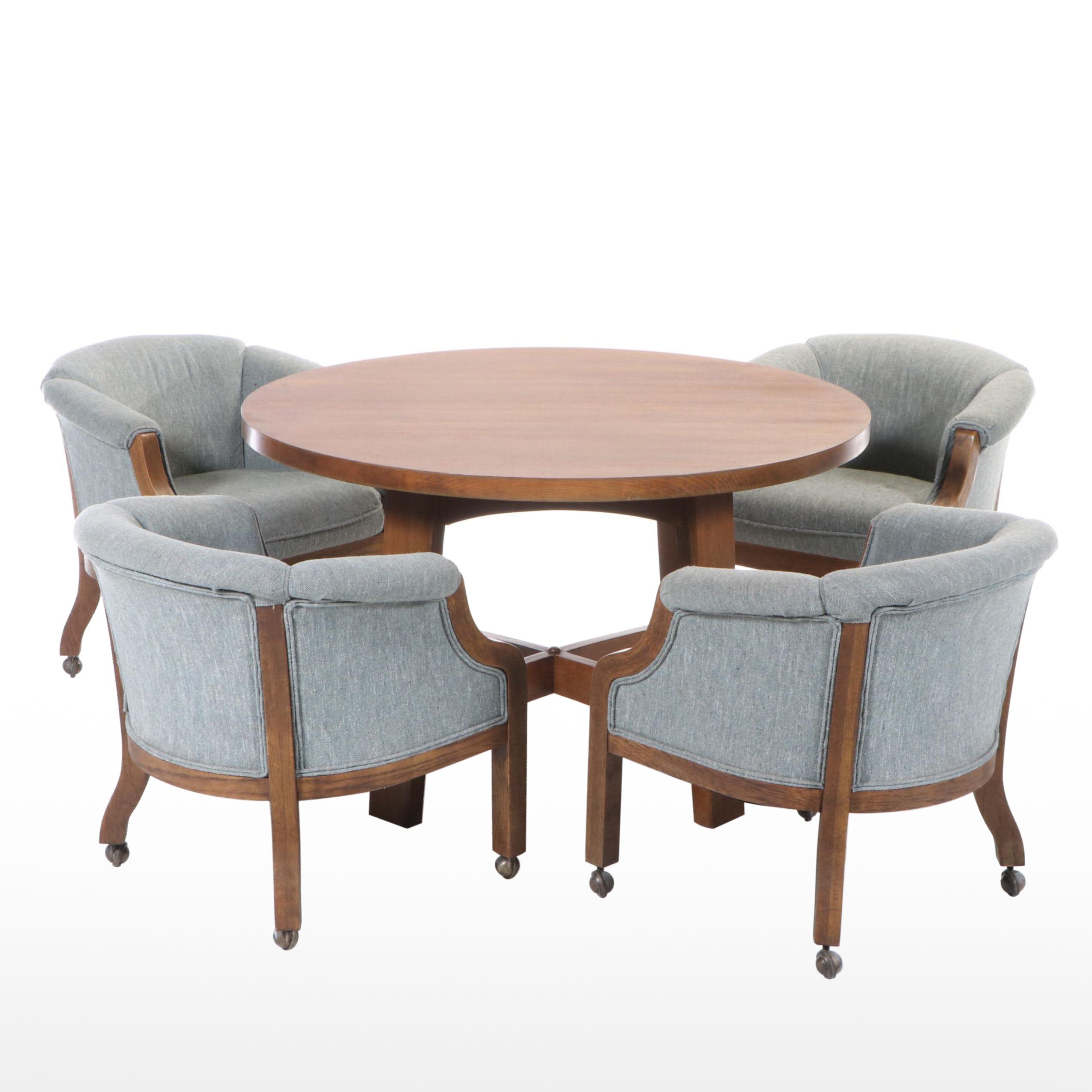 Stickley Oak Commemorative Library Table with Four Upholstered Tub Chairs