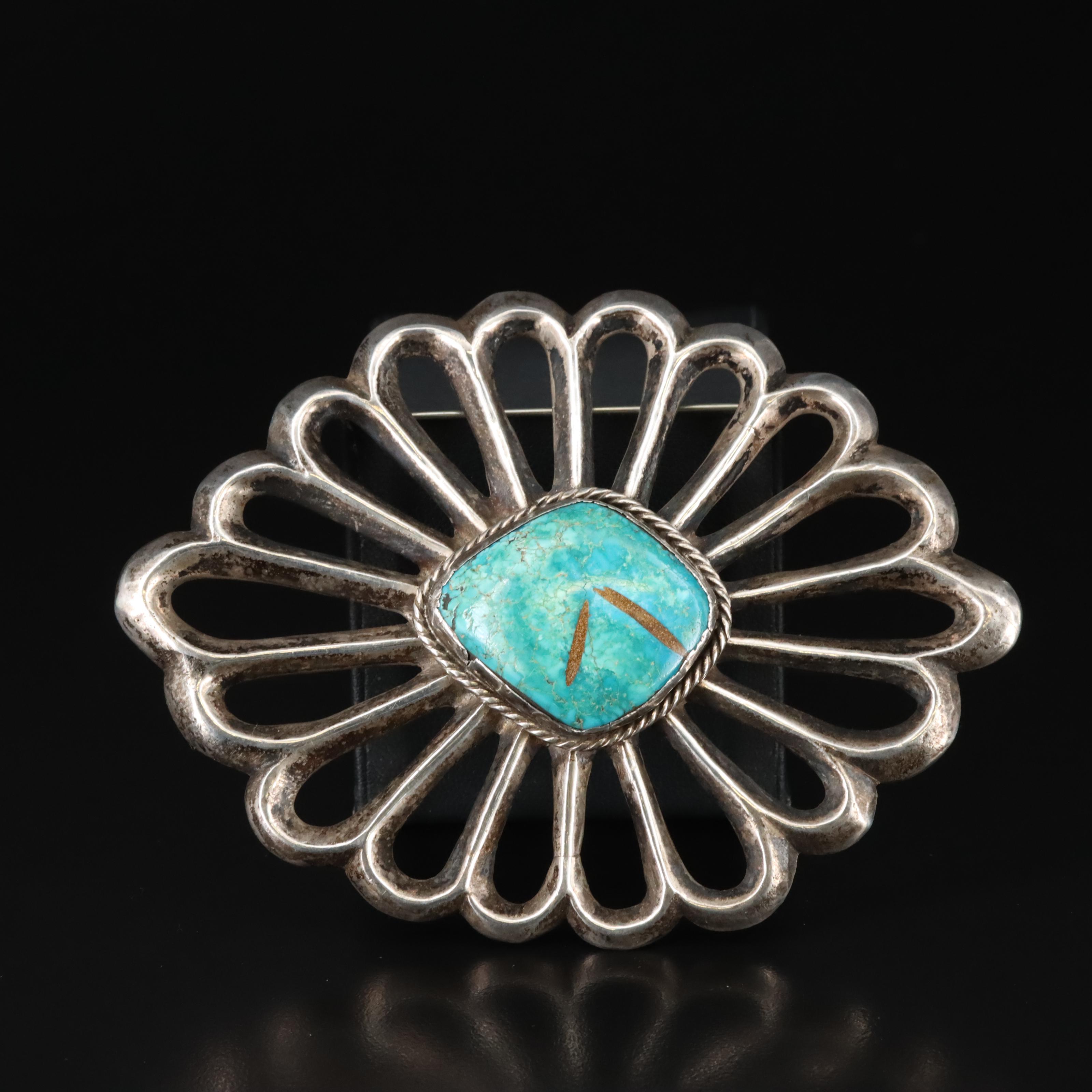 Vintage Southwestern Sterling Turquoise Sandcast Brooch