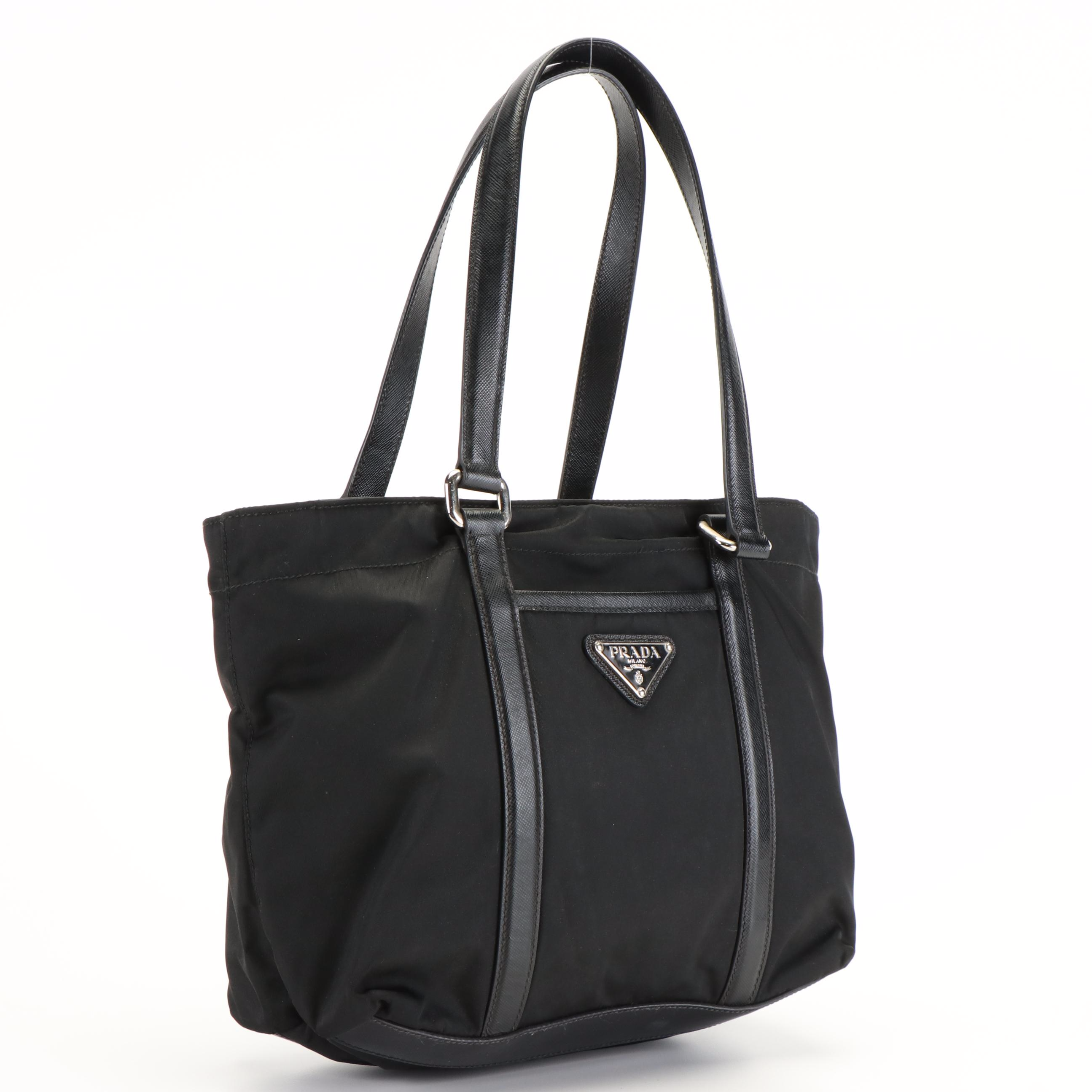 Prada Easy Tessuto Shoulder Bag in Black Nylon and Leather Trim