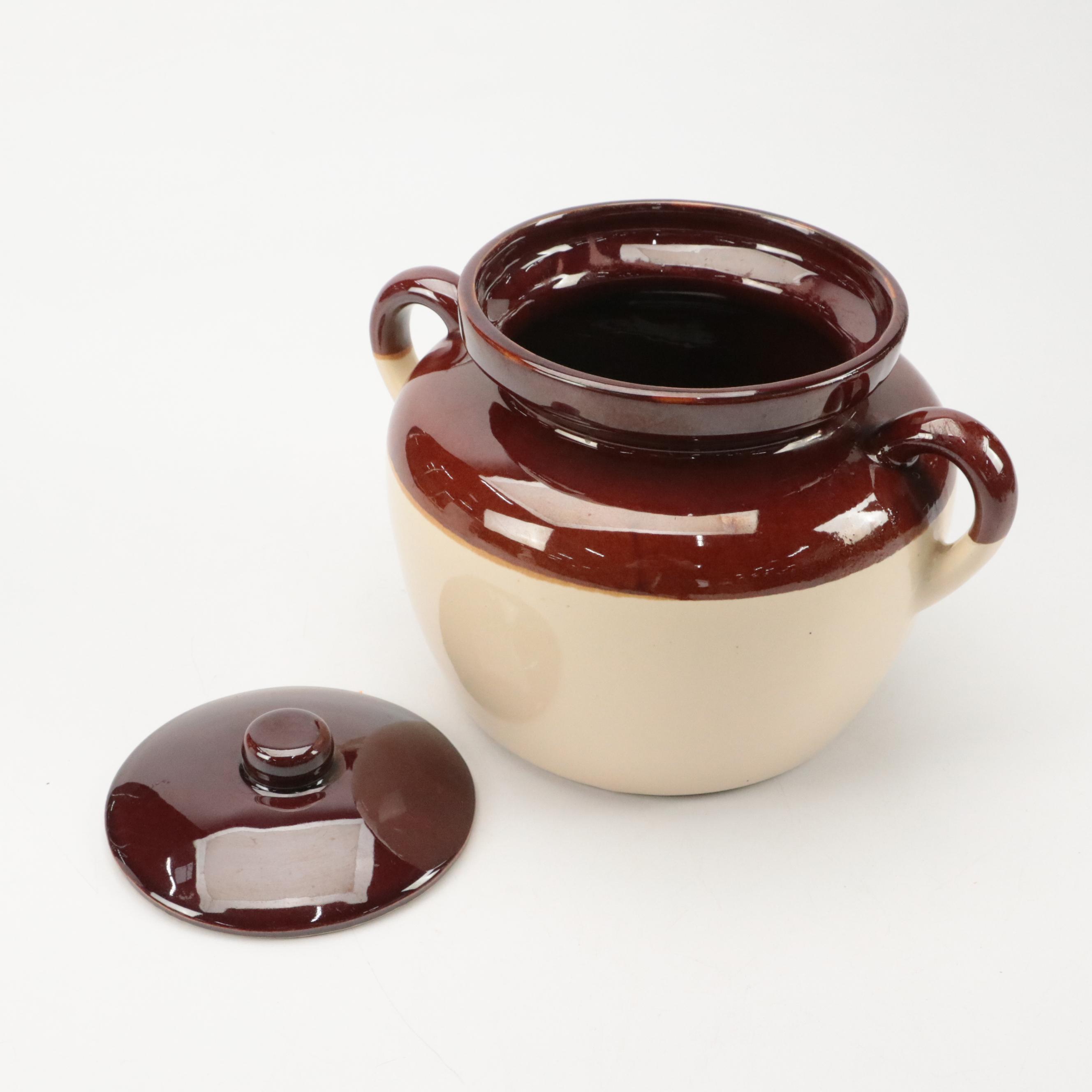 McCoy Pottery Glazed Stoneware Two-Toned Bean Pot with Lid