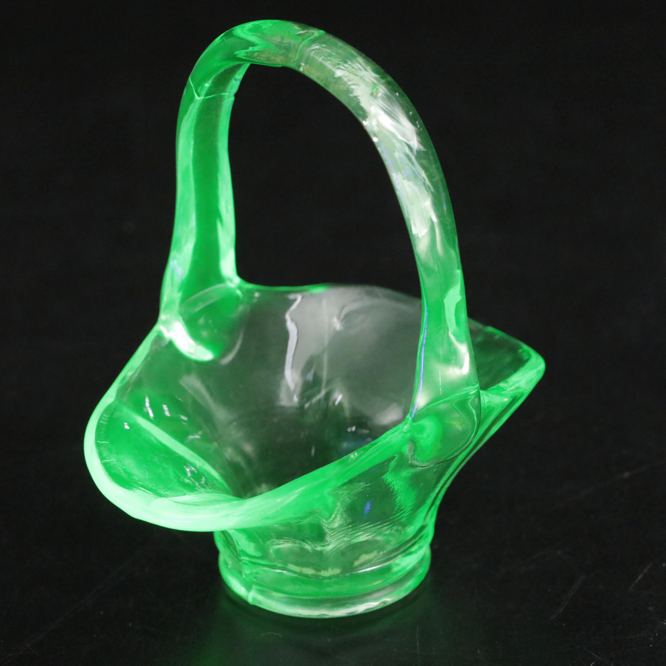 Uranium Glass Basket with Ring Tumblers and Other Glass Décor