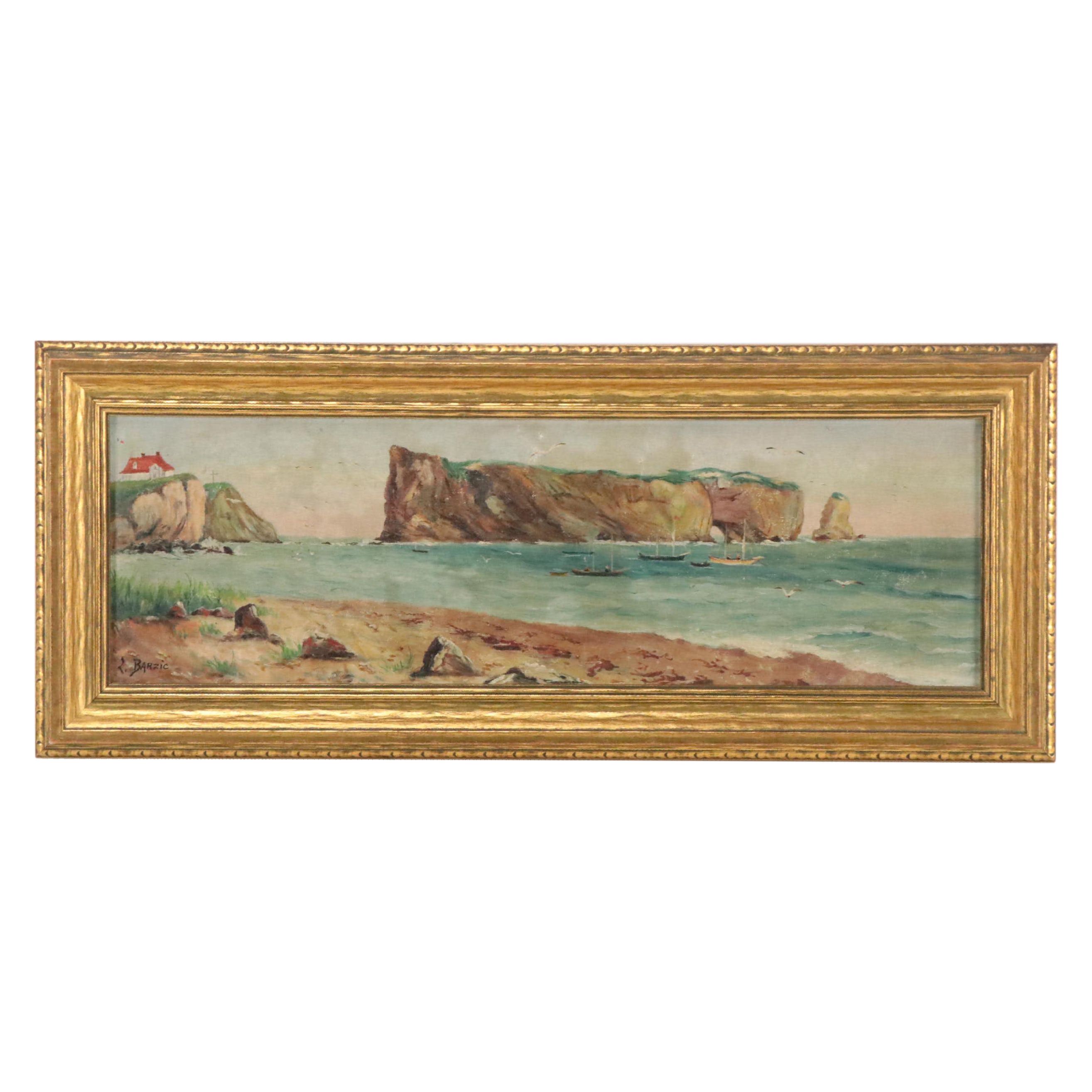 L. Barzic Coastal Oil Painting "Percé Gaspe Peninsula," Early 20th Century