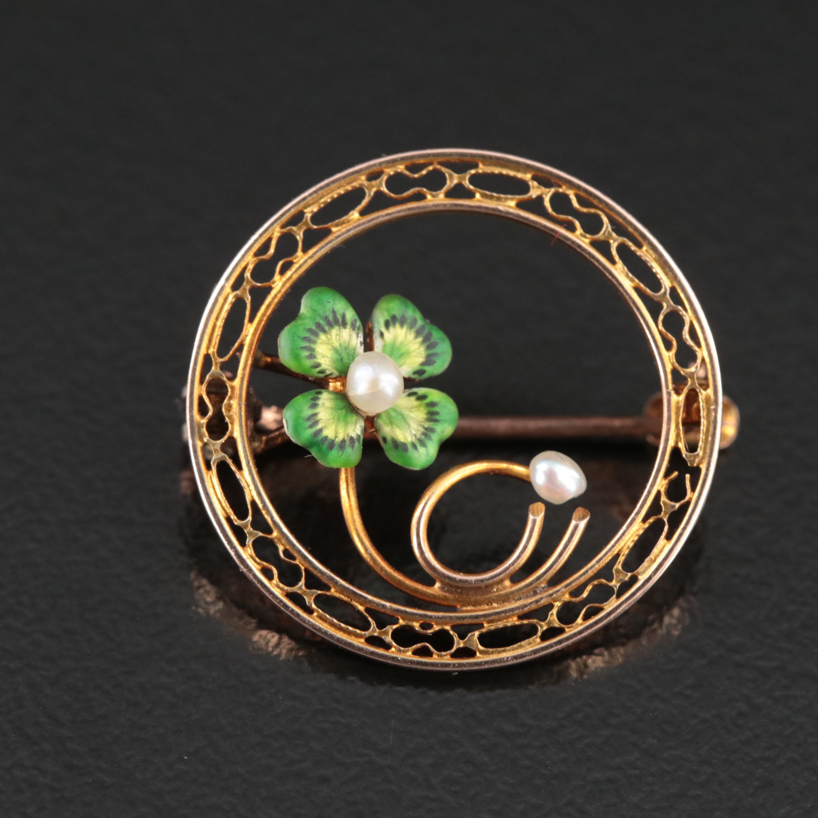Art Nouveau 10K Enamel and Seed Pearl Four-Leaf Clover Circle Pin