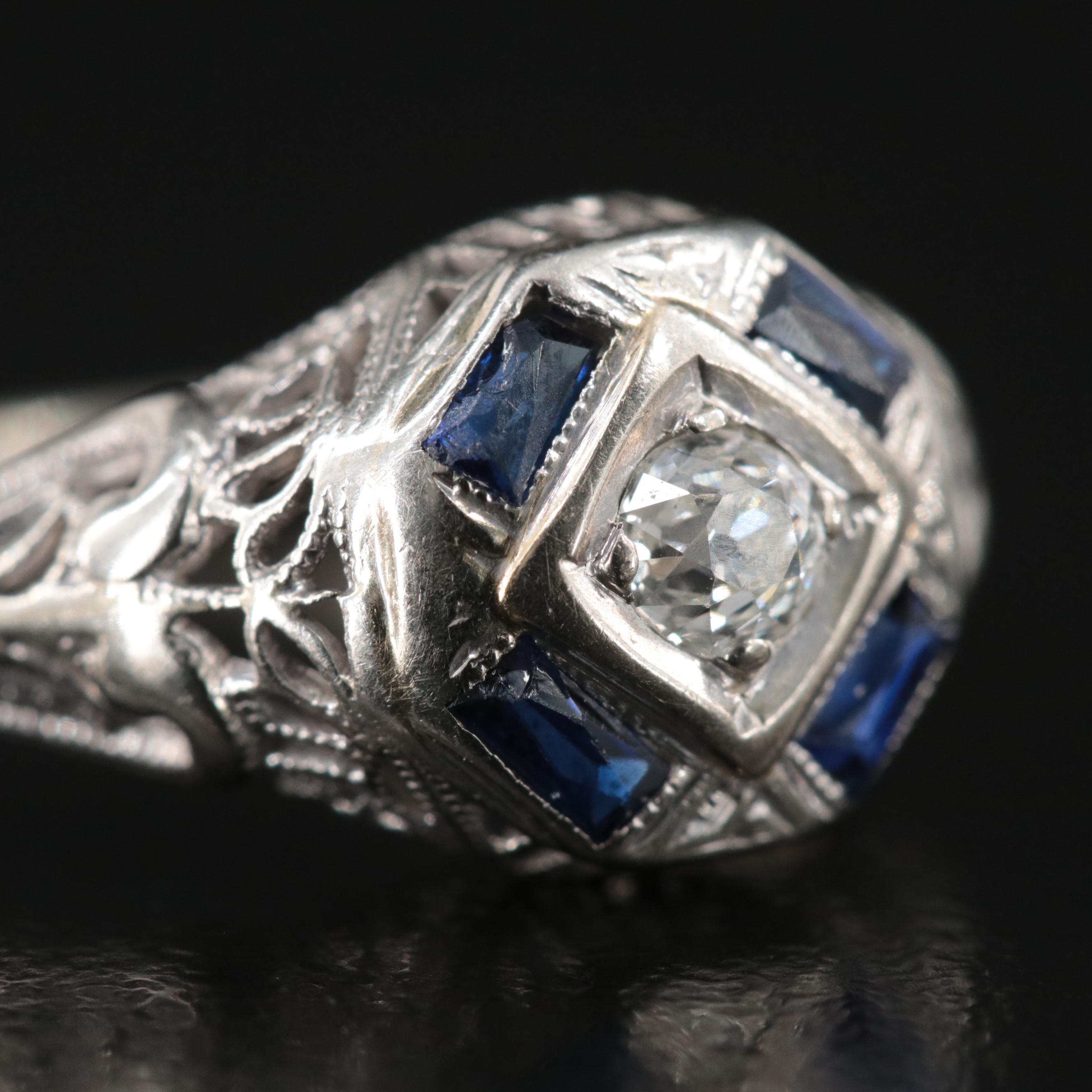 Edwardian 18K Sapphire and Diamond Latticework Ring