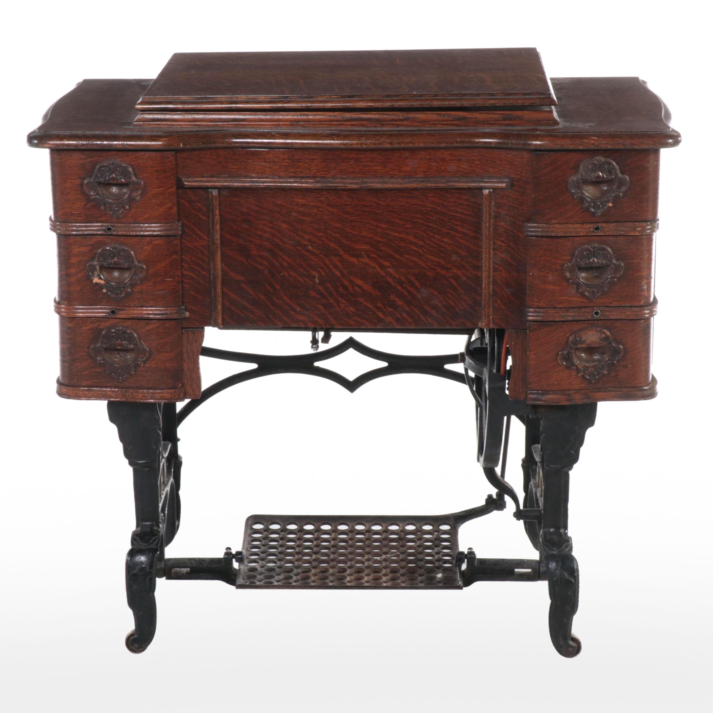 Late Victorian White Rotary Treadle Sewing Machine with Oak and Iron Cabinet