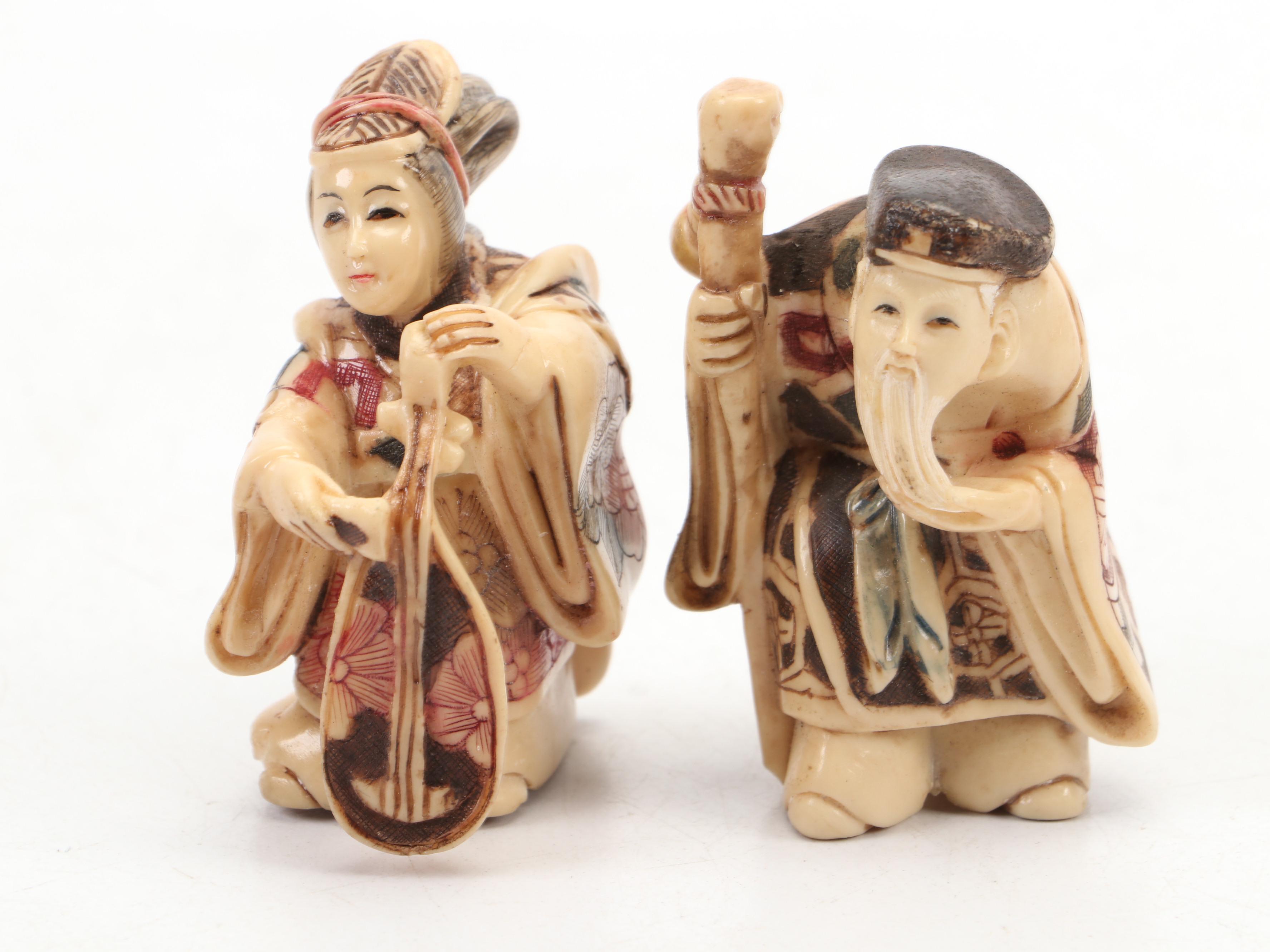 Japanese Carved Resin Netsuke Figural Finials of Gods of Good Fortune