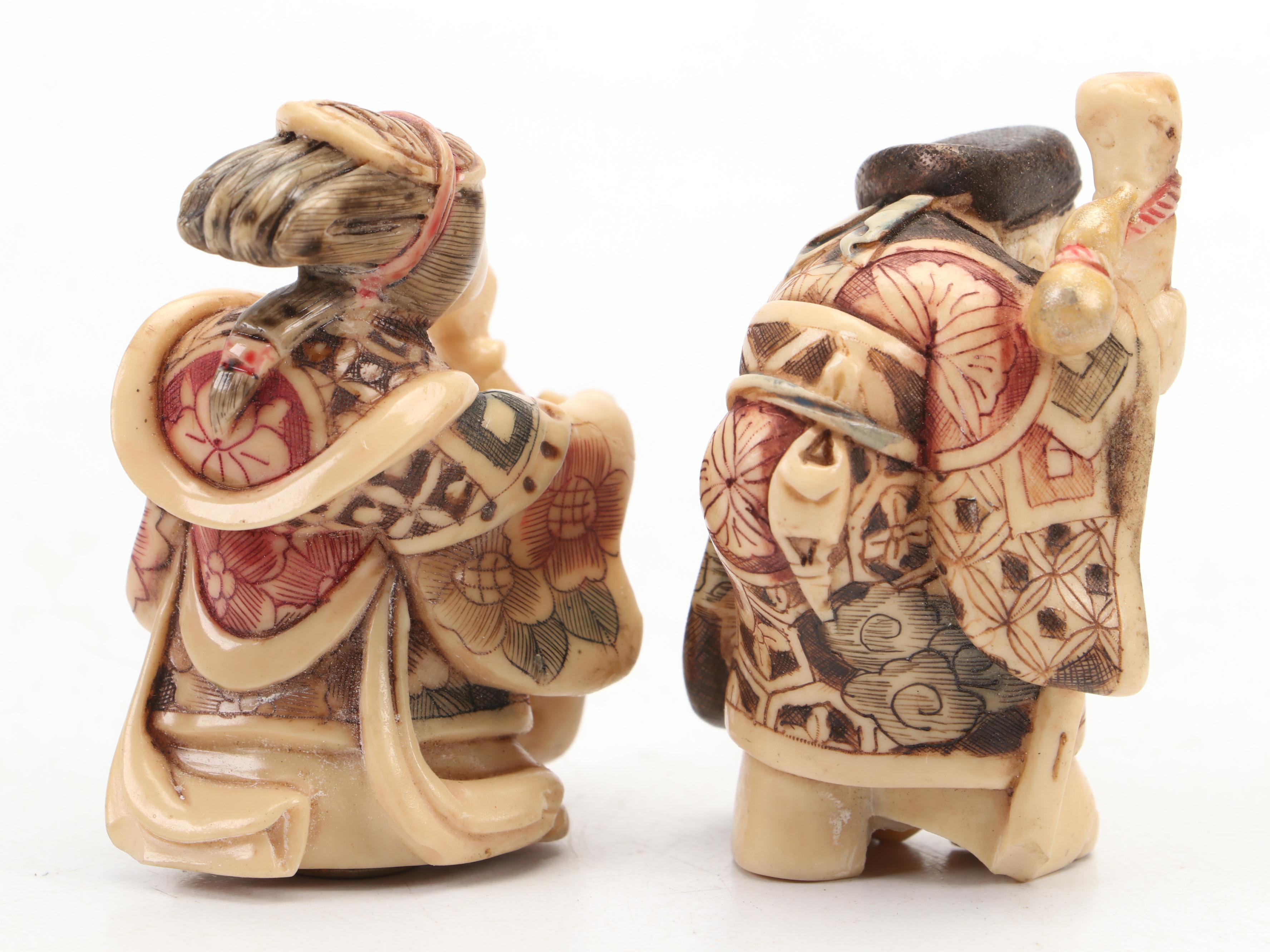 Japanese Carved Resin Netsuke Figural Finials of Gods of Good Fortune