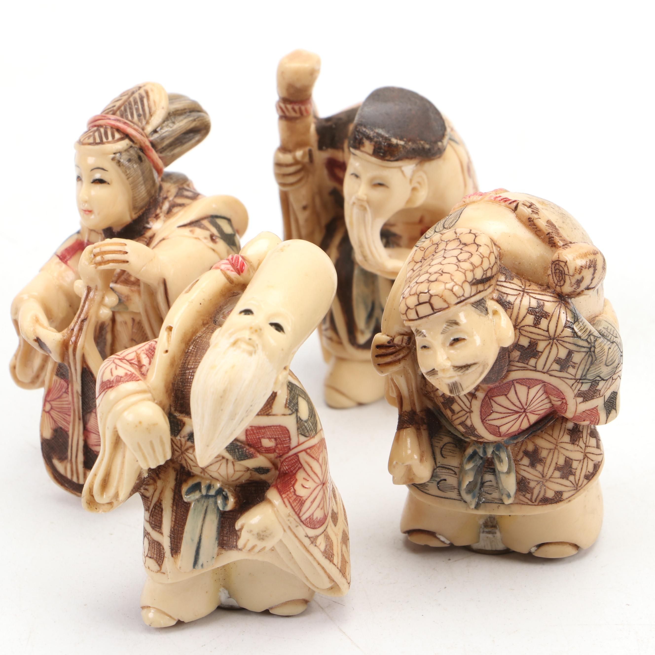 Japanese Carved Resin Netsuke Figural Finials of Gods of Good Fortune