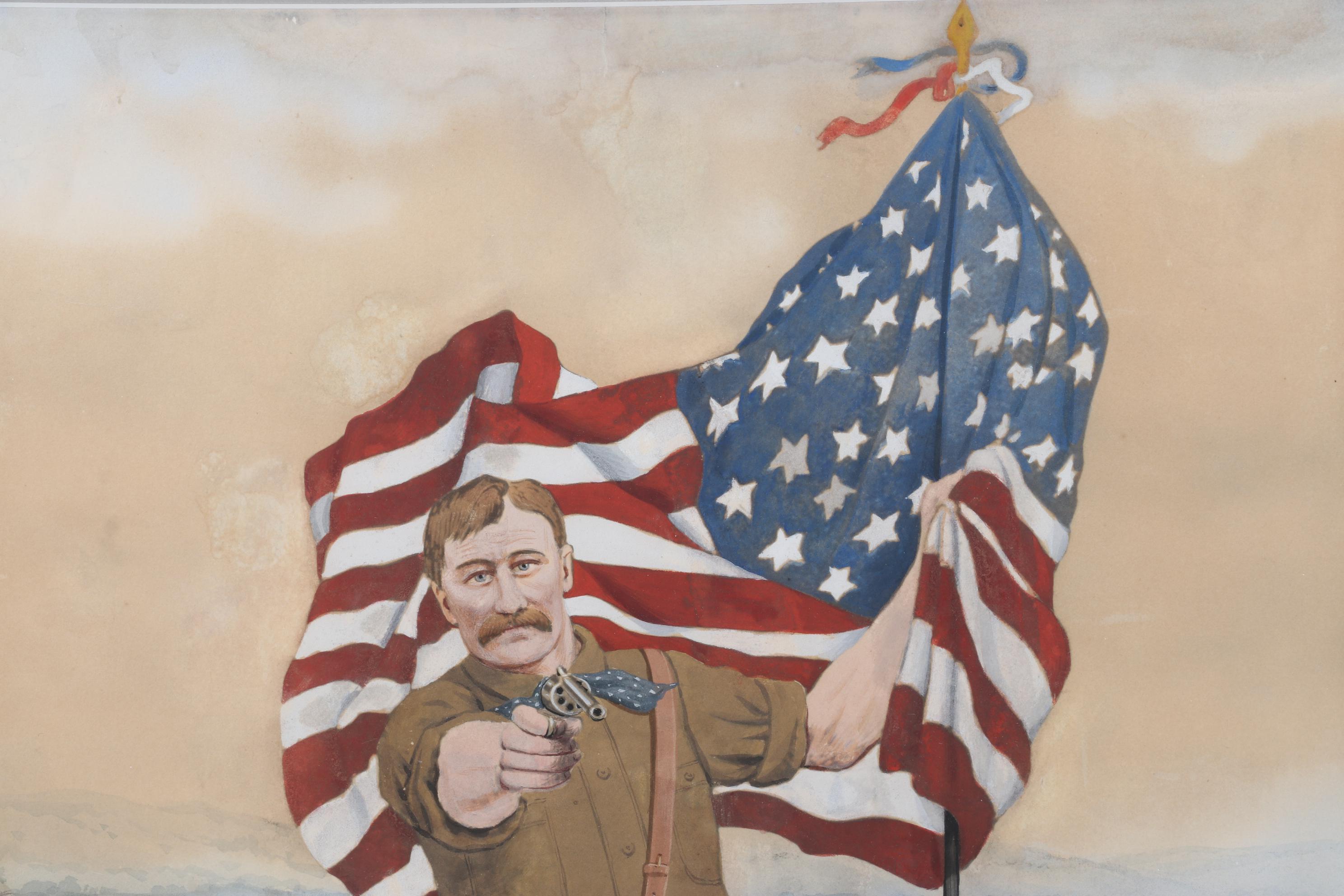 Teddy Roosevelt Rough Rider Portrait Watercolor Painting "Defending Old Glory"