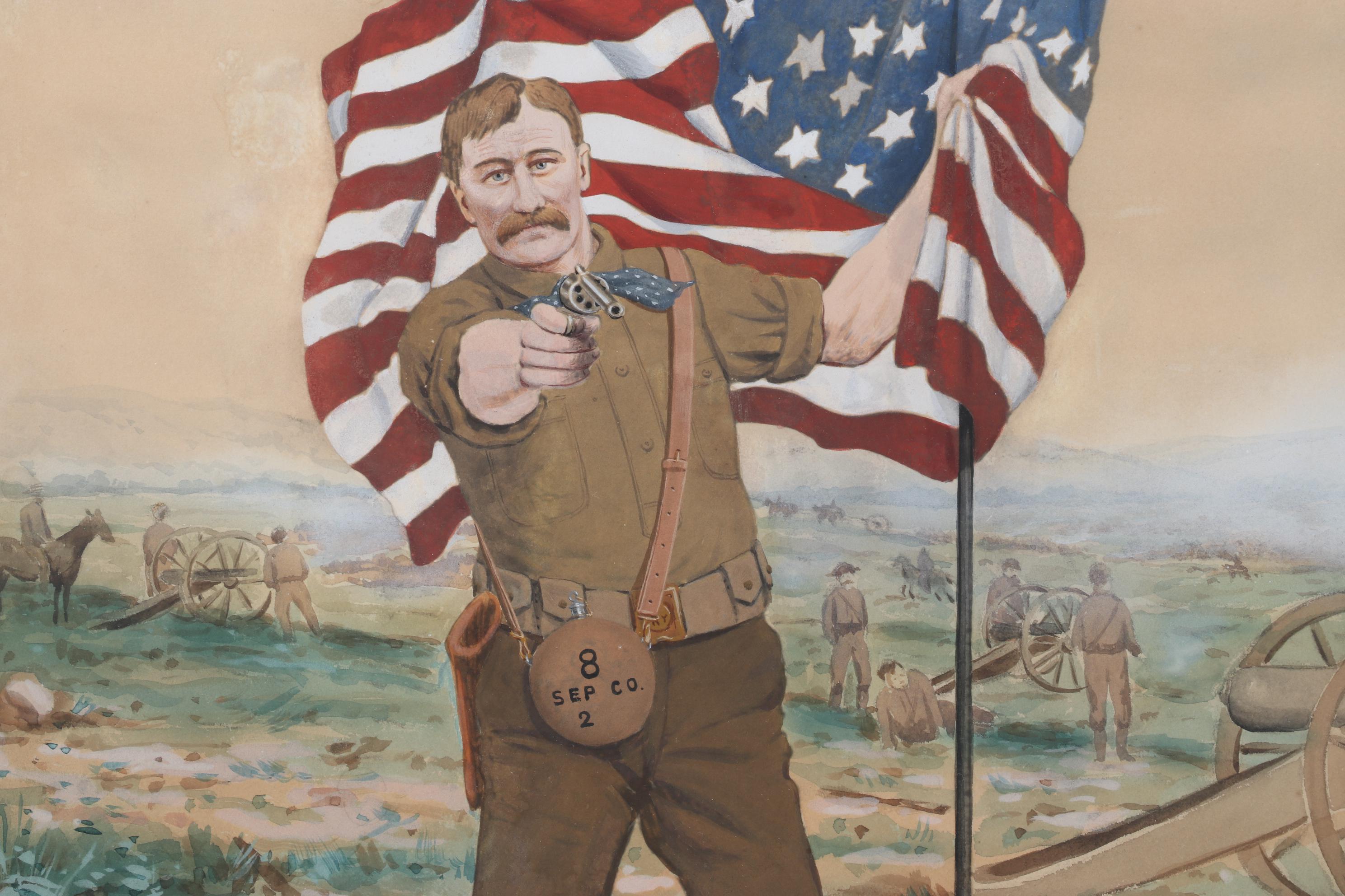 Teddy Roosevelt Rough Rider Portrait Watercolor Painting "Defending Old Glory"