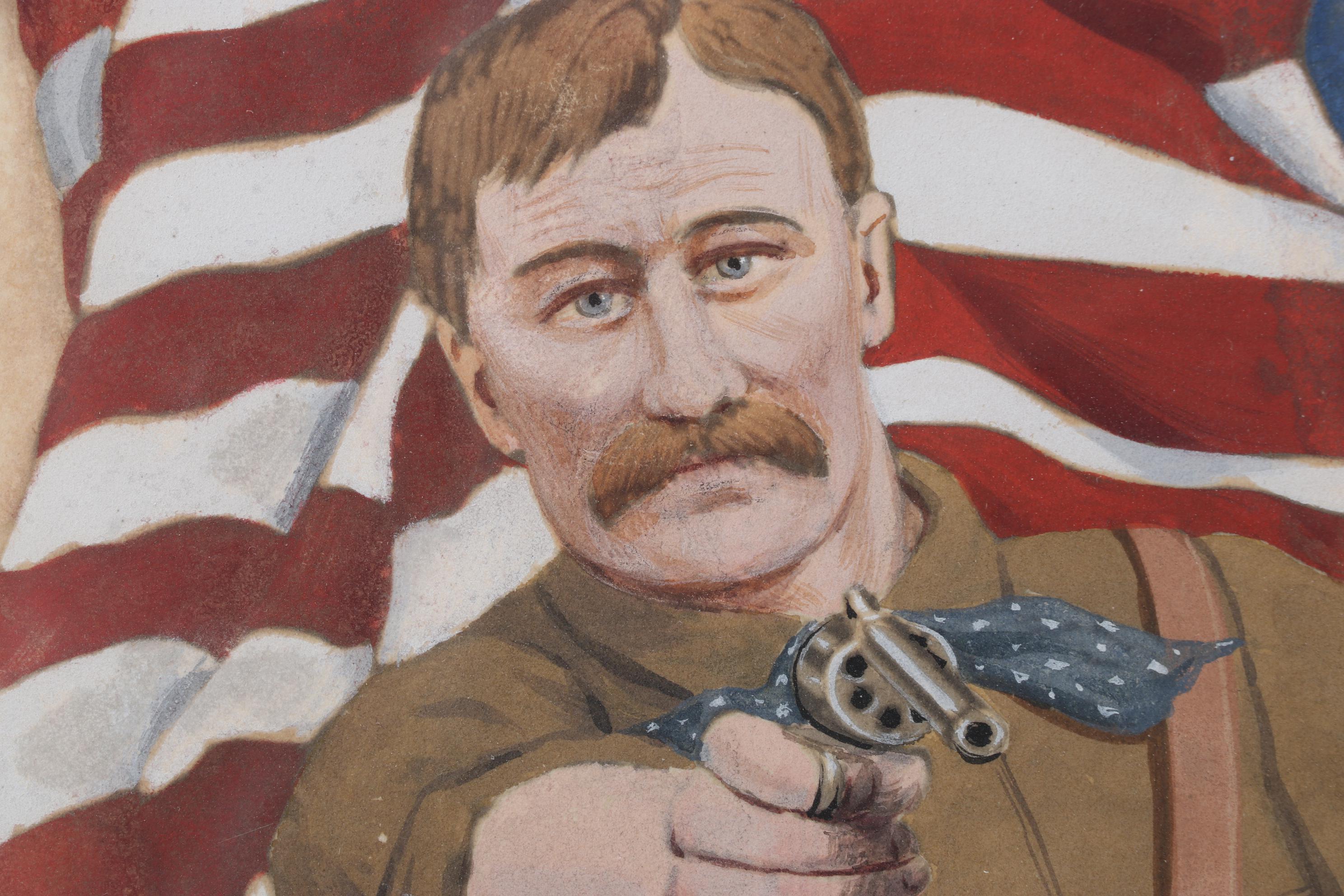 Teddy Roosevelt Rough Rider Portrait Watercolor Painting "Defending Old Glory"