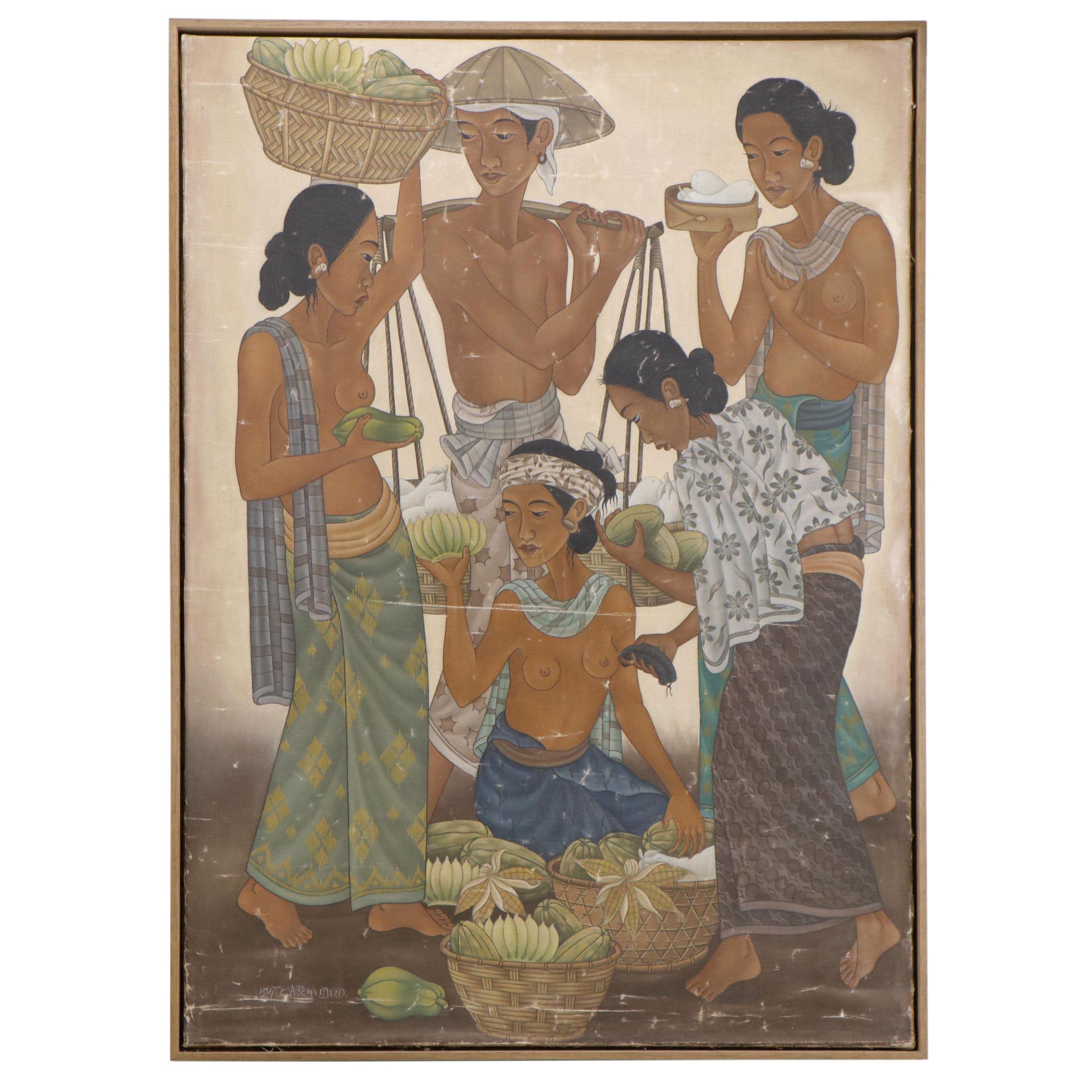 Gouache Painting of an Ubud Market Scene