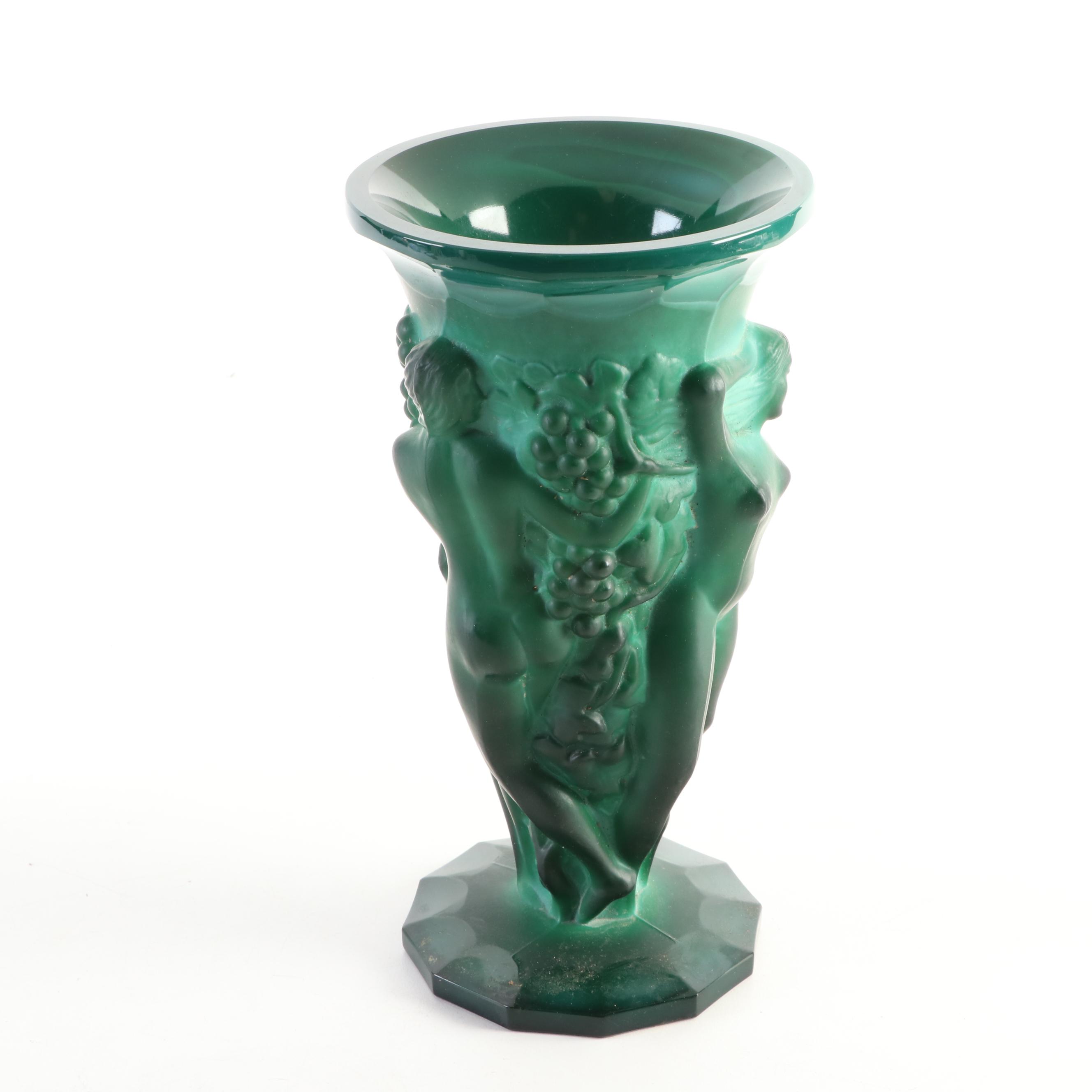 Art Deco Bacchantes Style Malachite Glass Vase, 20th Century