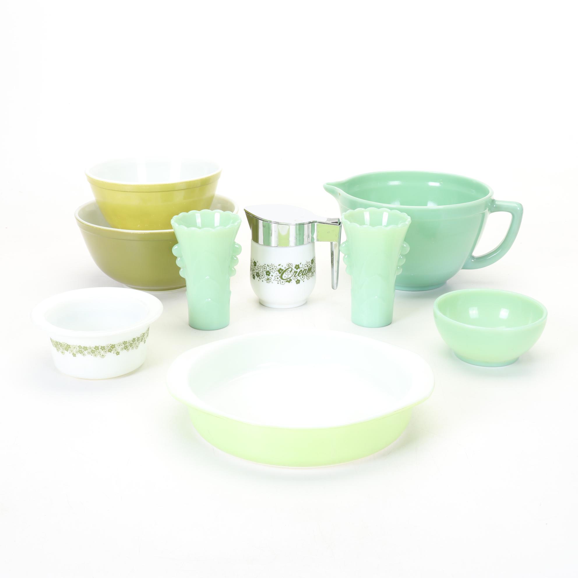 Pair of Jadeite Art Deco Vases With Pyrex and Other Green Kitchenware