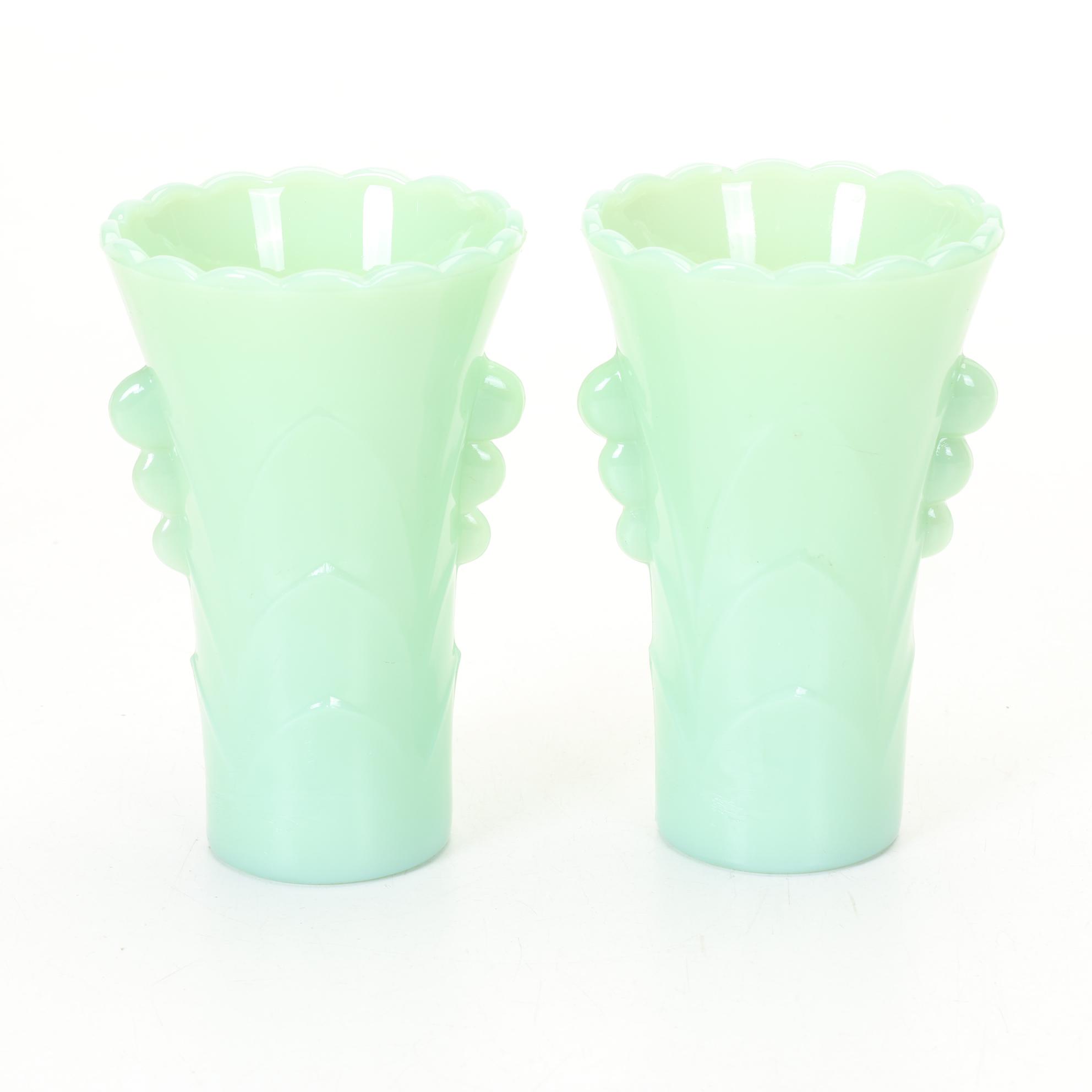 Pair of Jadeite Art Deco Vases With Pyrex and Other Green Kitchenware