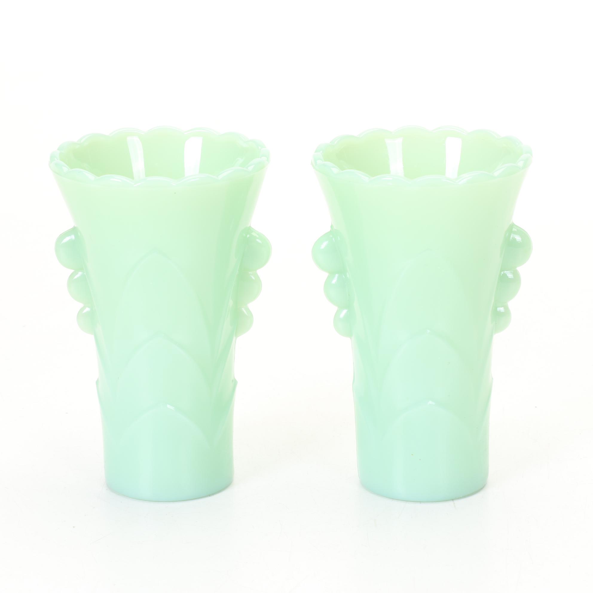 Pair of Jadeite Art Deco Vases With Pyrex and Other Green Kitchenware