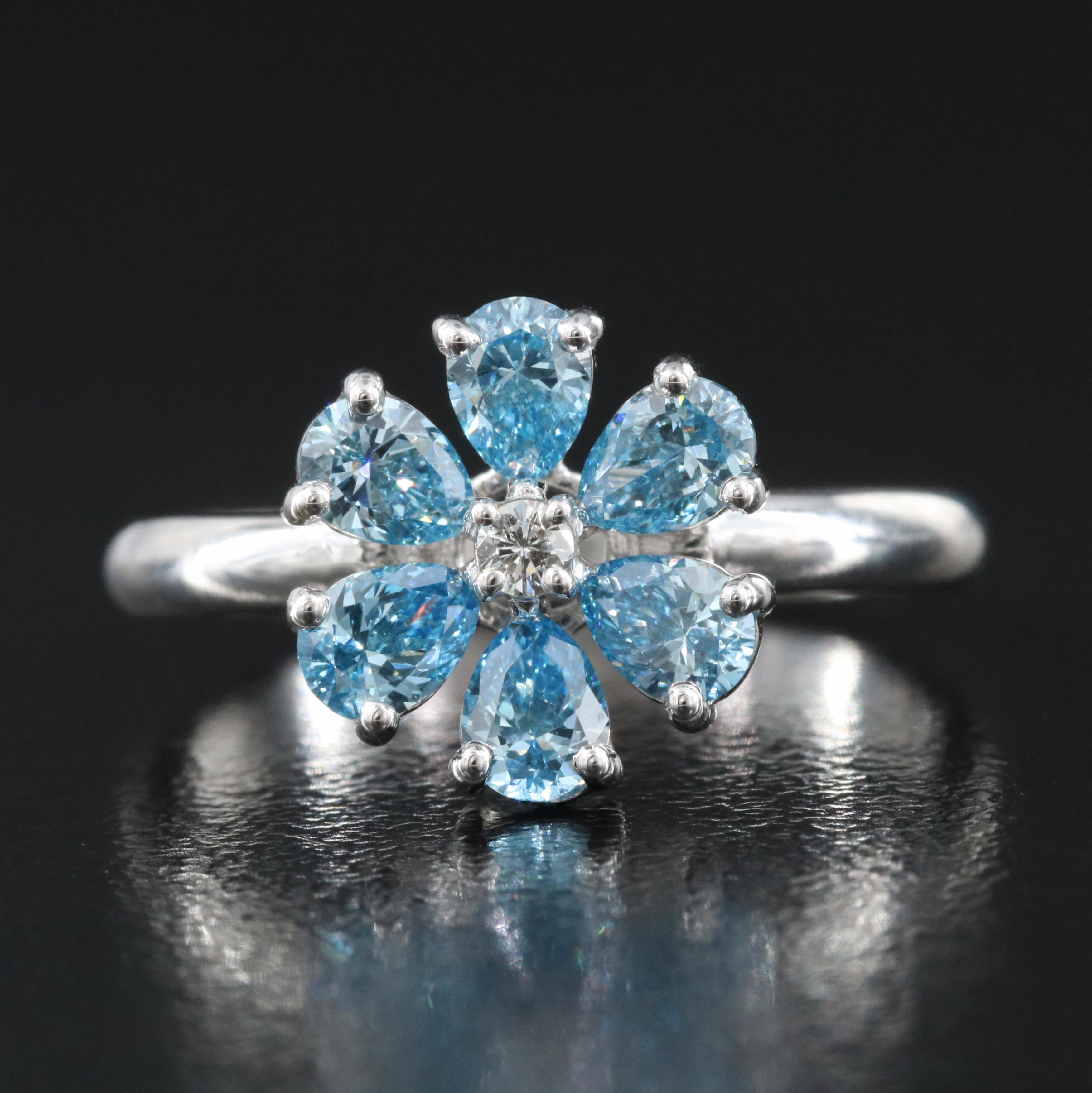 14K 1.03 CTW Diamond Flower Ring with (Origin Undetermined) Fancy Blue Diamonds