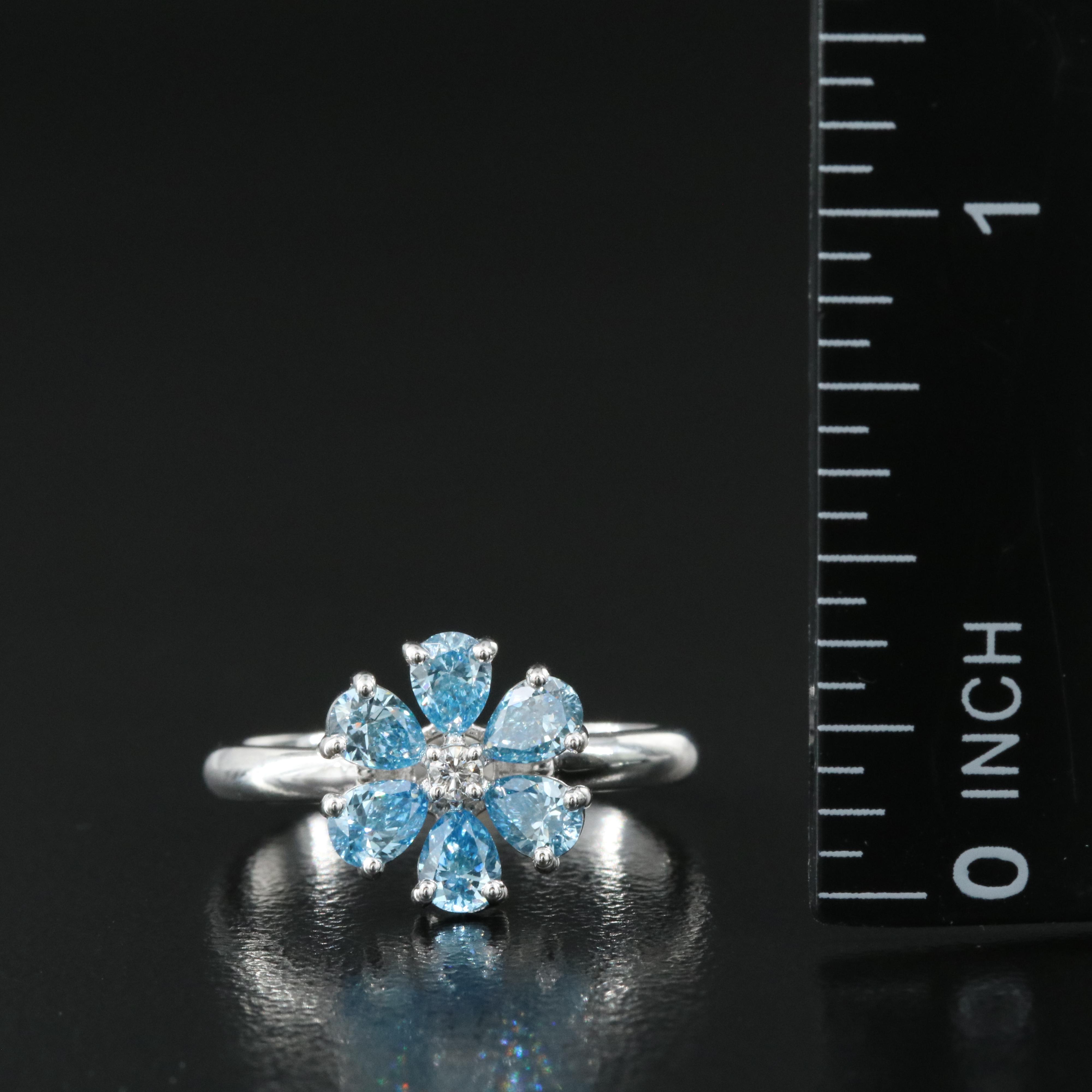 14K 1.03 CTW Diamond Flower Ring with (Origin Undetermined) Fancy Blue Diamonds
