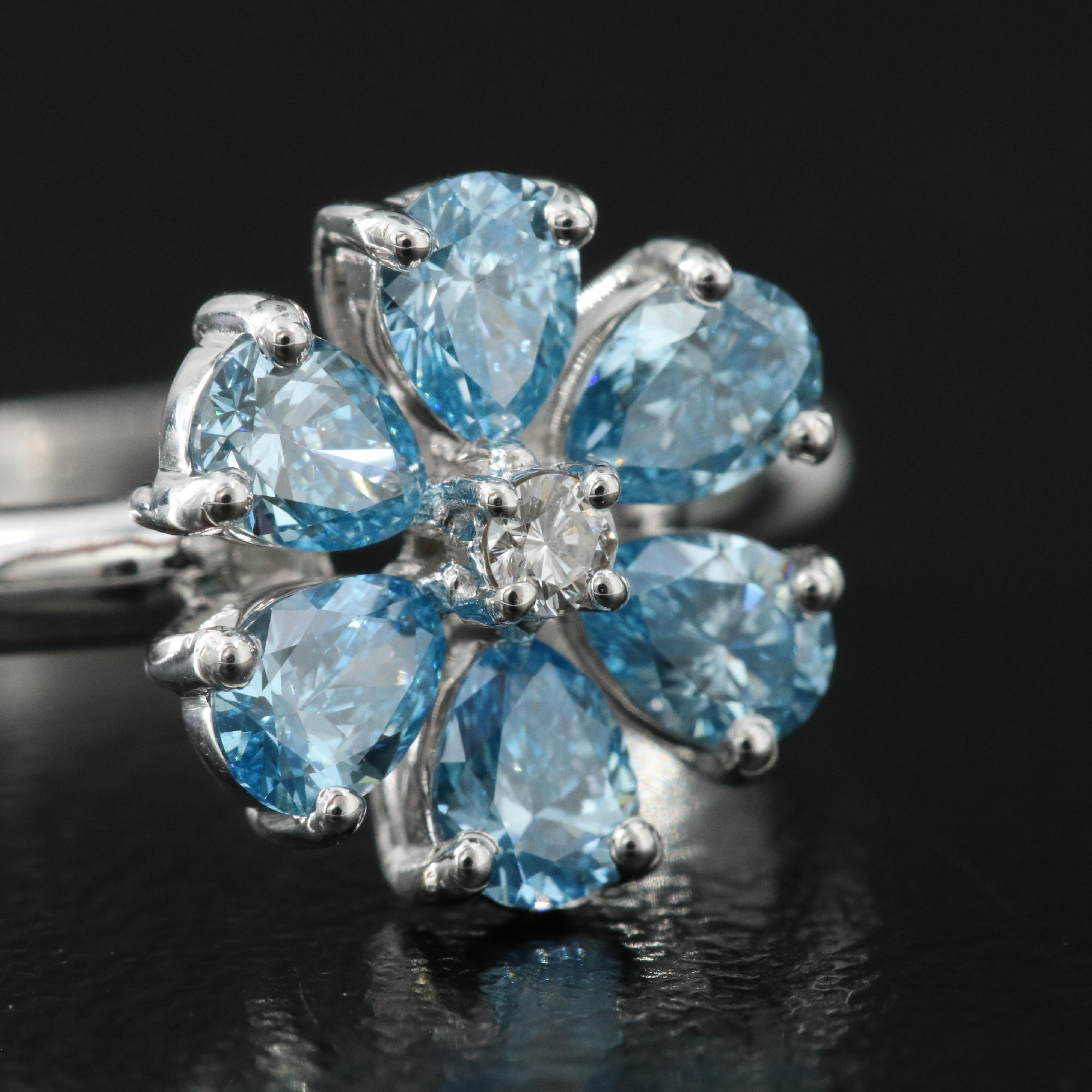 14K 1.03 CTW Diamond Flower Ring with (Origin Undetermined) Fancy Blue Diamonds